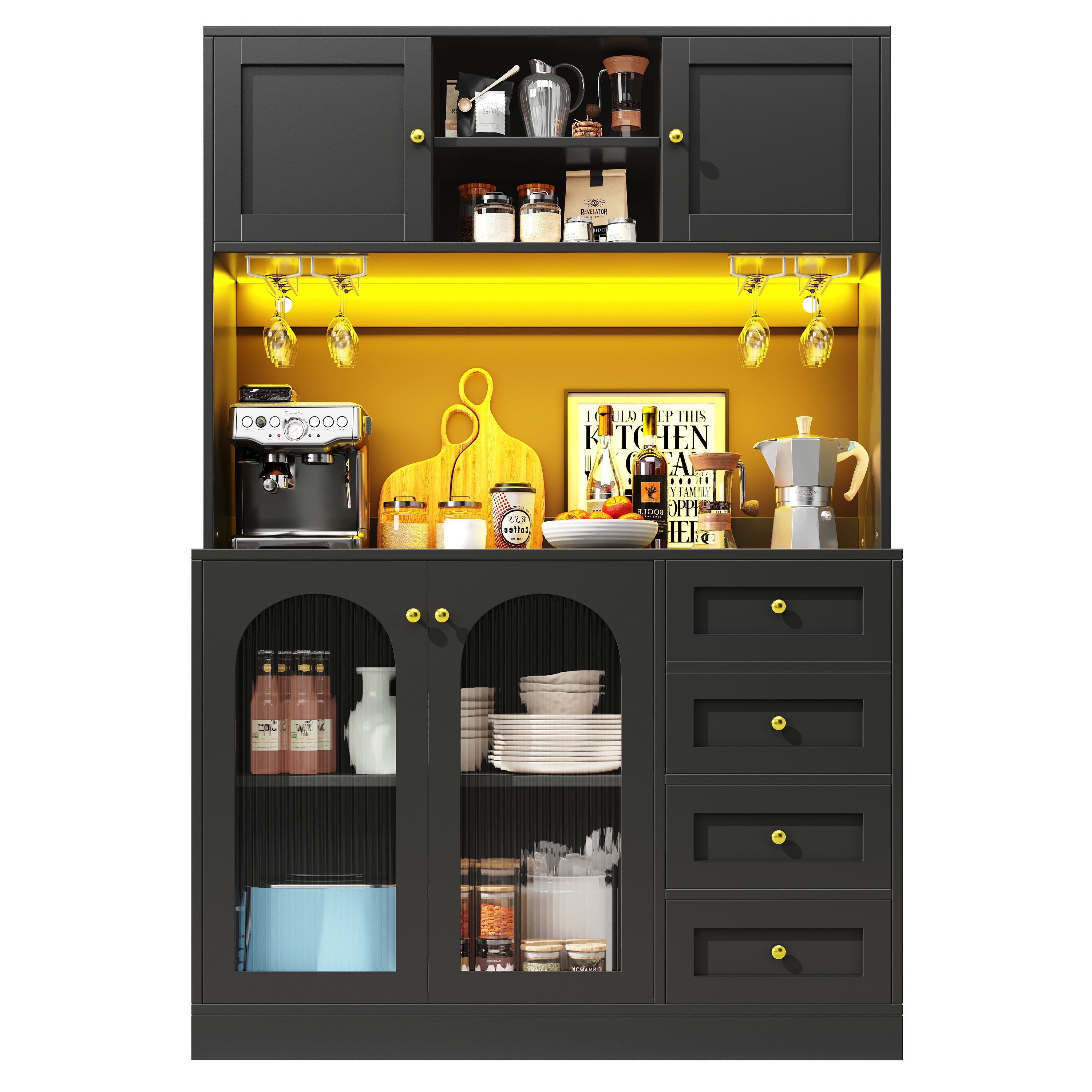 Sideboard Buffet Cabinet with 4 Doors, LED Light and Drink Holders, Black and White
