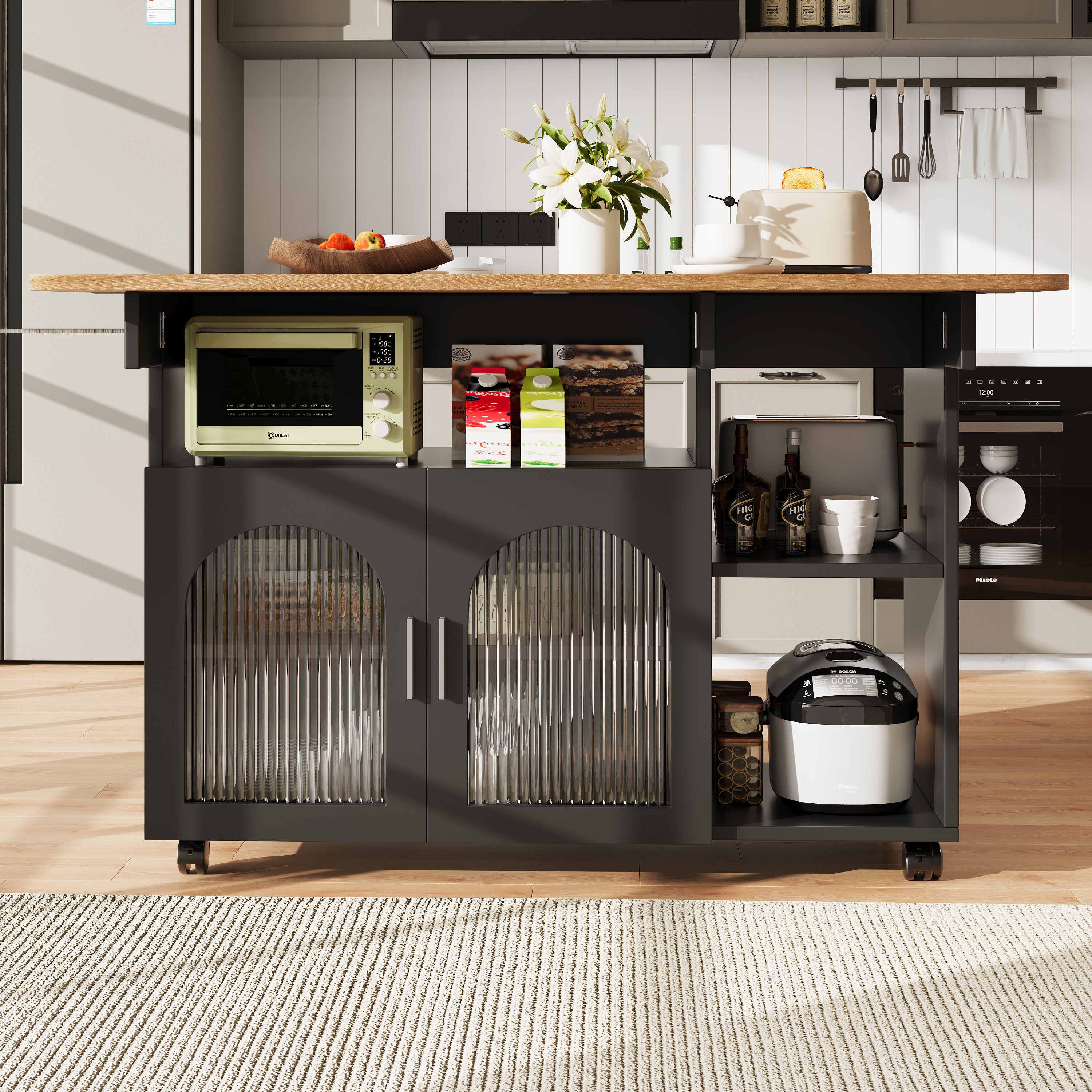 Kitchen Island Dining Cart - Multifunctional Table, Removable Trolley, Storage - Wood Grain Black