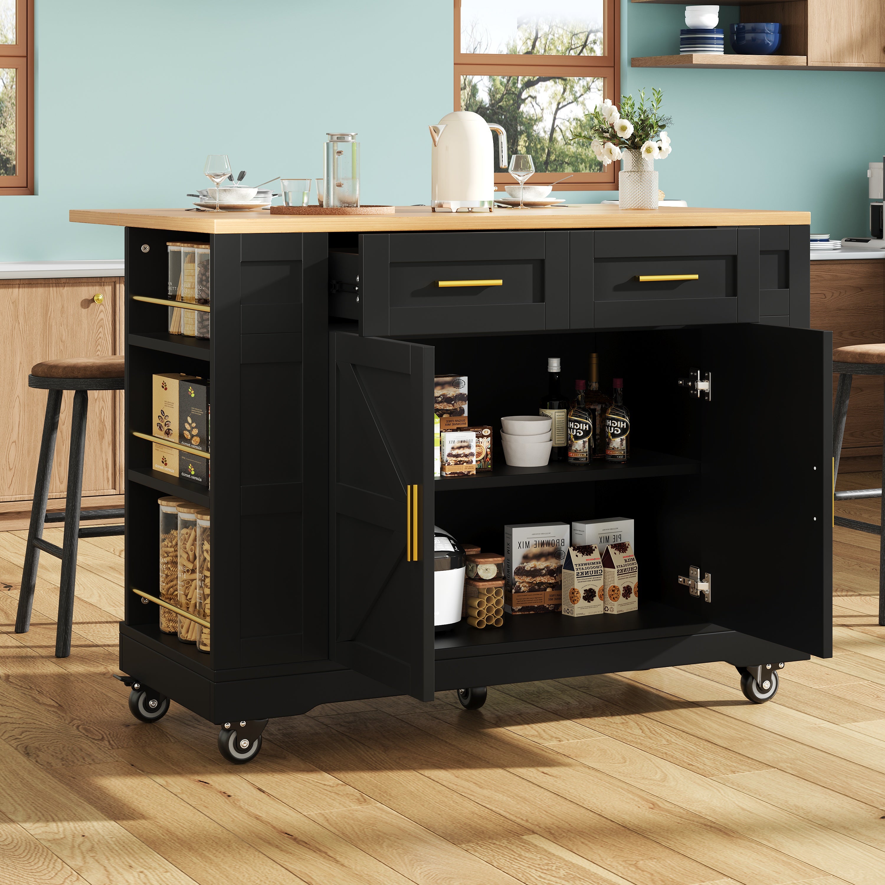 Modern Kitchen Island with Storage and Extendable Tabletop, Black Wood Grain Finish