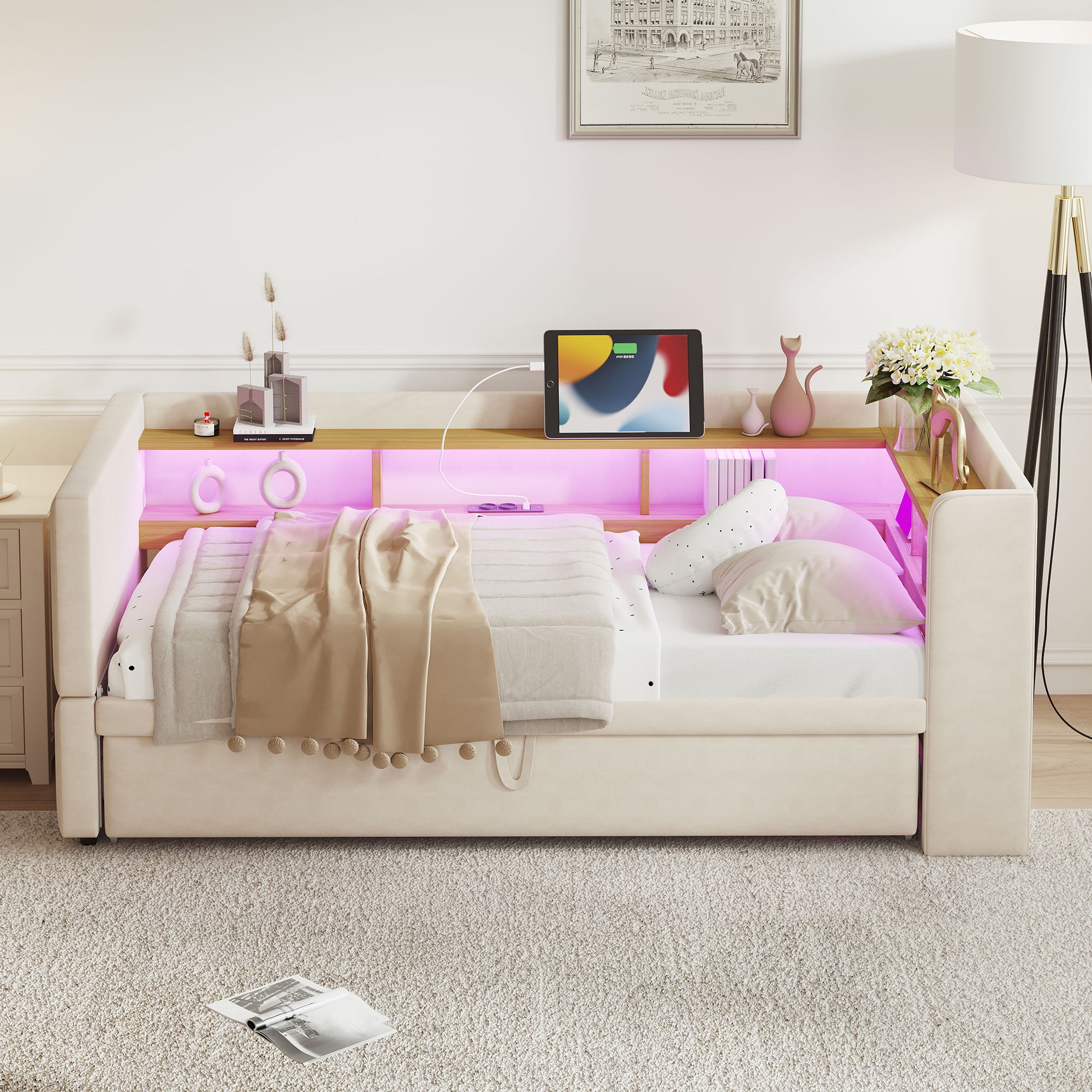 Upholstered Bed, Pull-Out Sofa Bed 90/180*190cm with LED Lights, Sockets & Storage - Beige