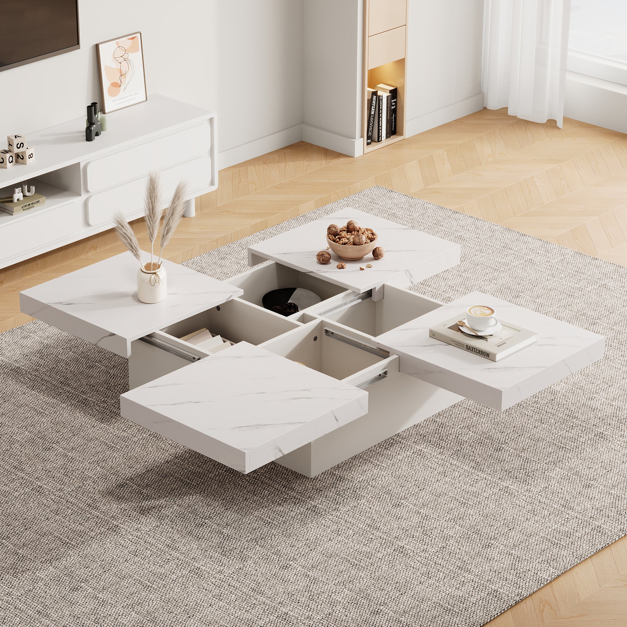 Modern white square coffee table, 90 x 90 x 25 cm with four drawers, sliding tabletop, 30 kg load capacity, marble look