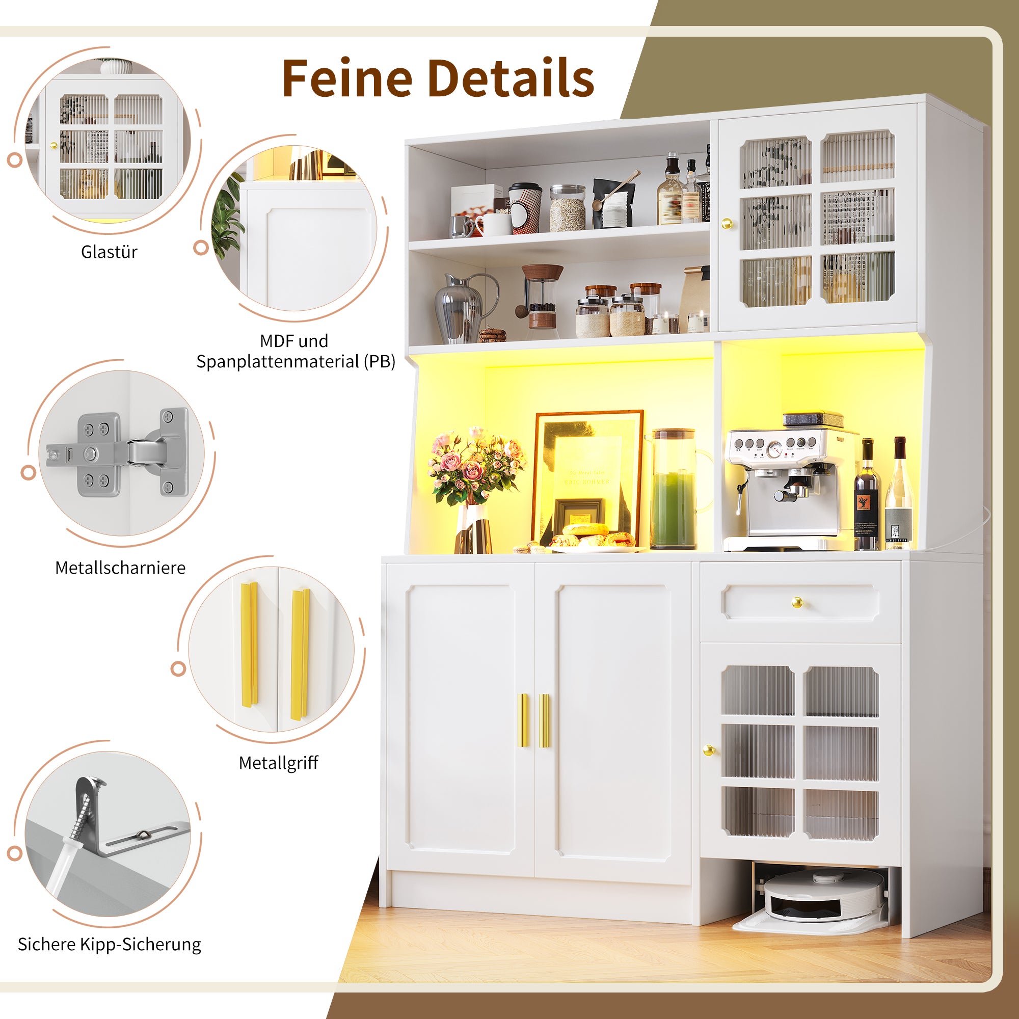 Tall Kitchen Cabinet with Glass Doors and LED Lighting, White