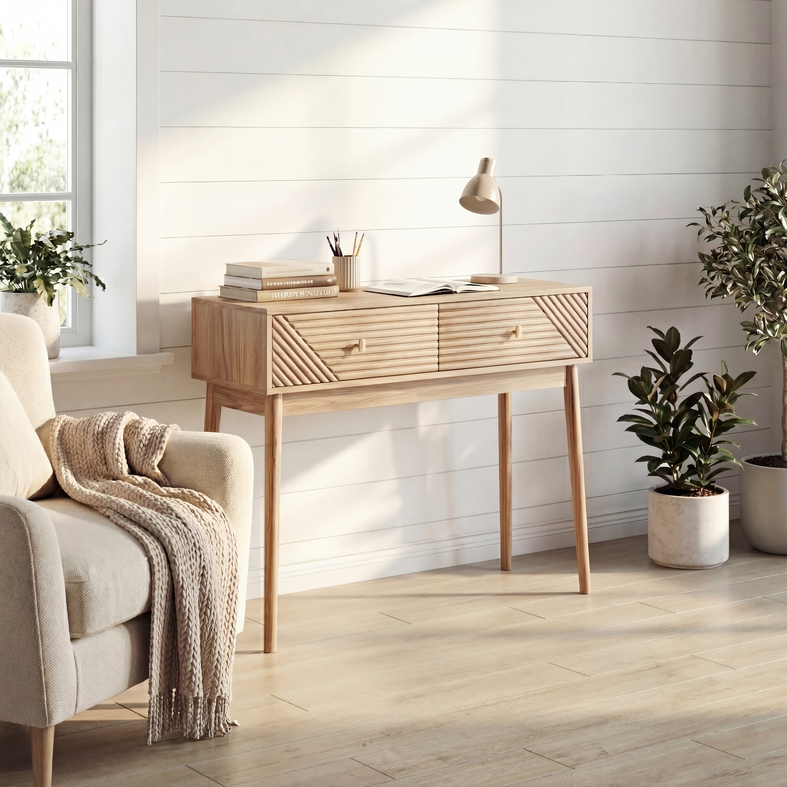 Mid-Century Modern Console Table with Drawers and Open Shelves, Oak Color