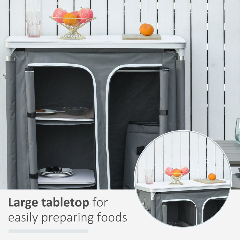 Camping Cupboard Kitchen Station Cook Table with 3-Shelf Storage Organiser, Aluminium