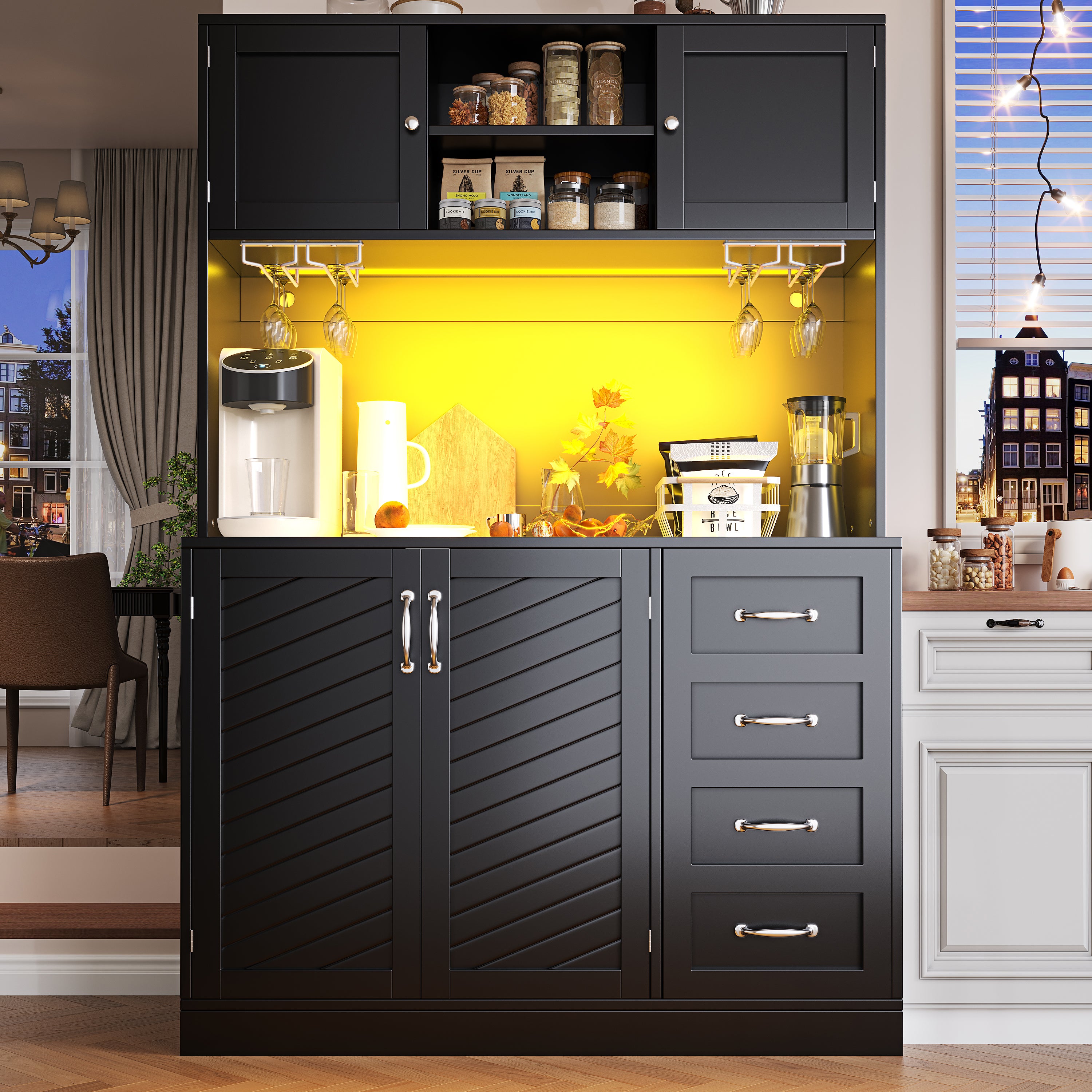 Sideboard Buffet Cabinet with LED Lighting and Snack Shelf, Green, Black and White