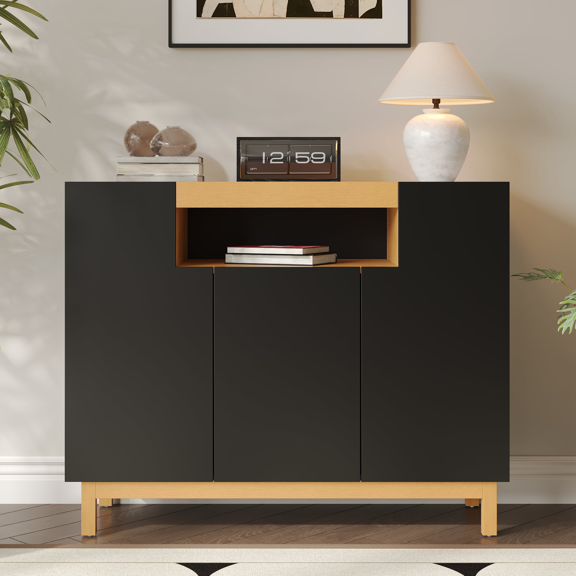 Sideboard with 3 Doors and Open Compartment, Black and Wood Finish