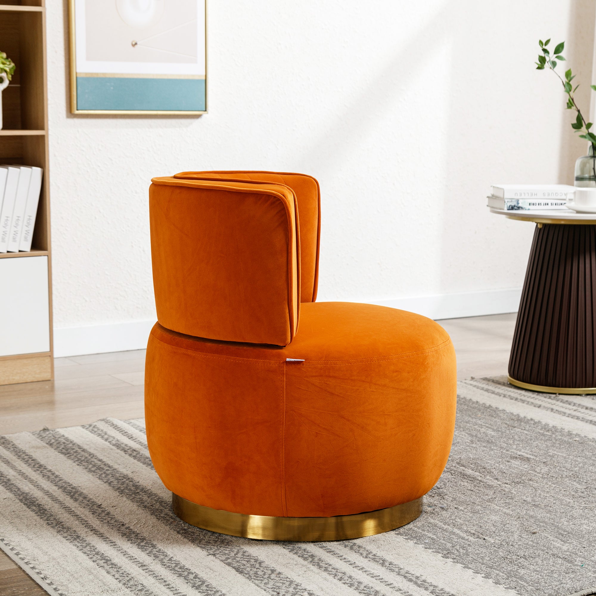 Swivel Barrel Chair 360° Round Comfortable, Orange Velvet