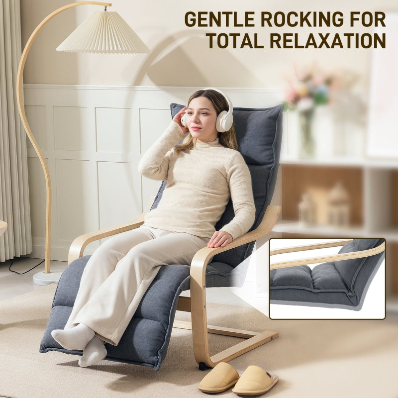 Curved Wooden Accent Chair with Adjustable Footrest, Dark Grey