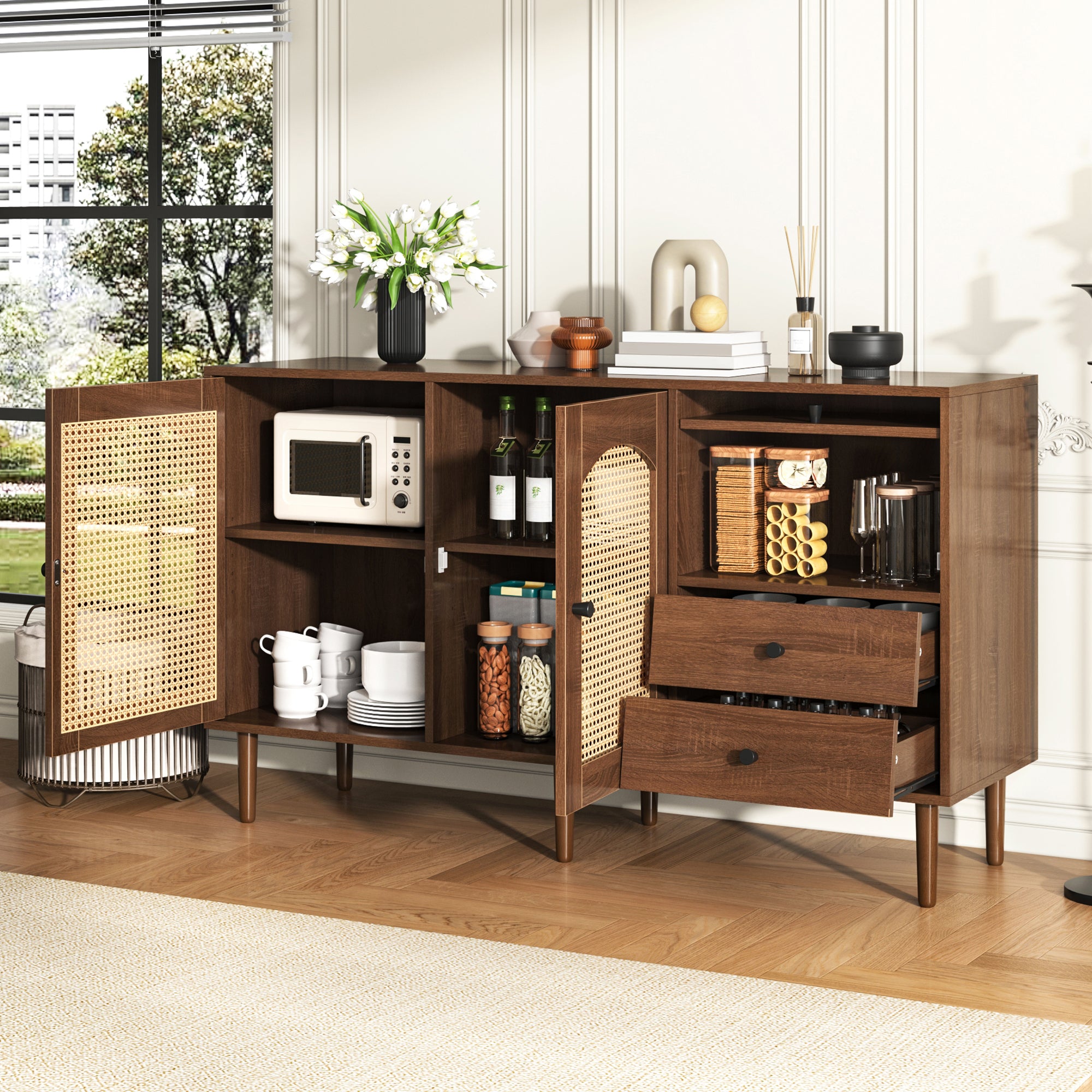 Sideboard, Country-Style with Rattan Doors, Adjustable Shelves, Wood Color