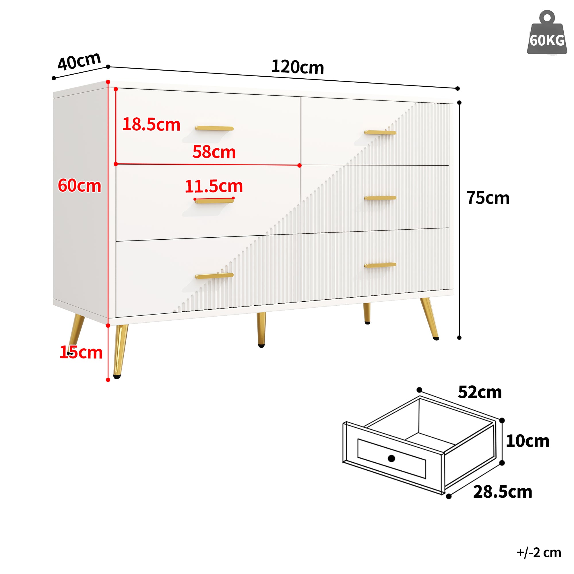 Chest of Drawers, 6-Drawer Cabinet with Golden Legs, White