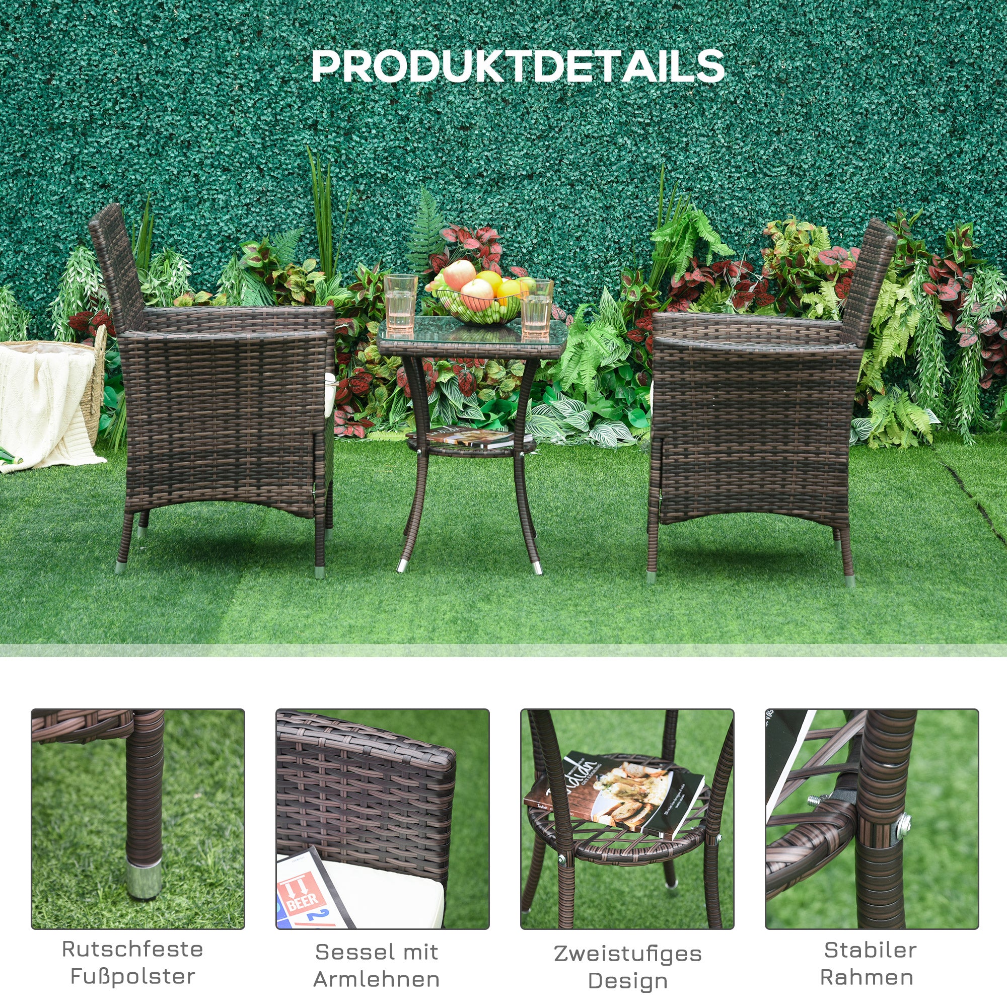 Balcony Furniture Set, Foldable Bistro with Cushions, Rattan Brown