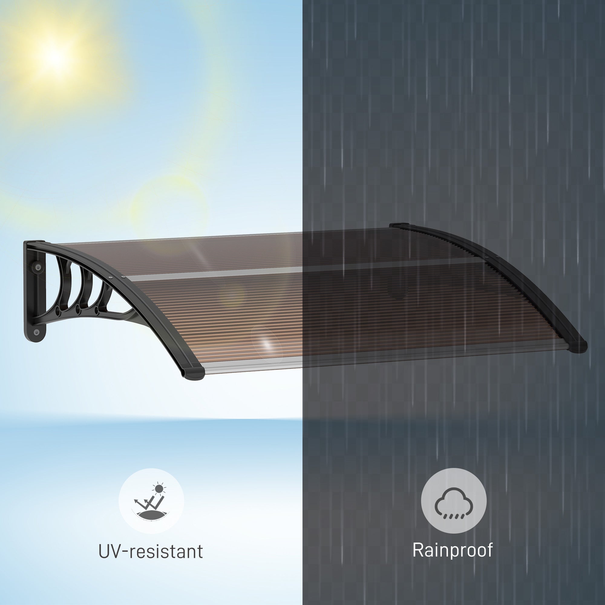 Front Door Canopy Outdoor Awning, UV Water Rain Resistant 120 x 75cm, Aluminium Rigid Plastic Polycarbonate, Brown