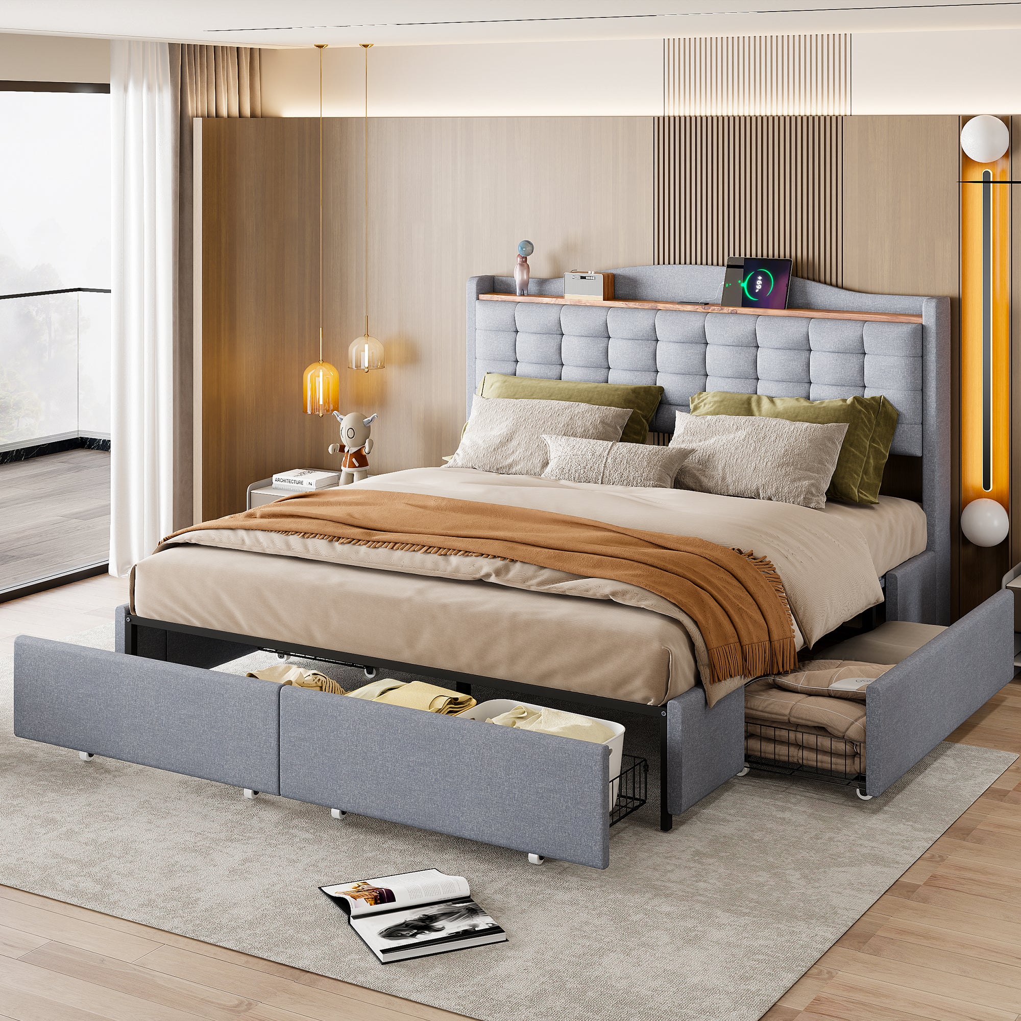 Upholstered Bed 160x200cm, USB Charging, 4-Drawer, Linen Fabric Gray