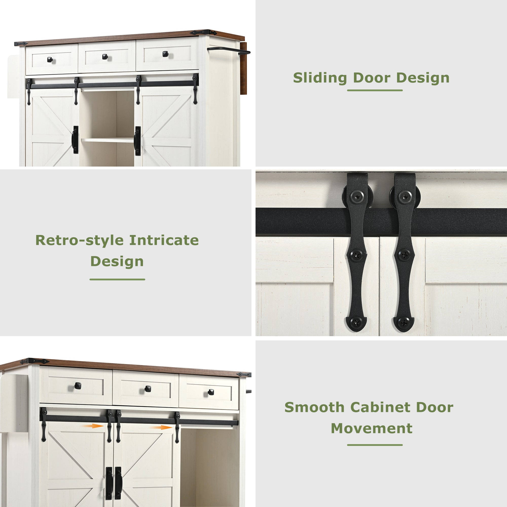 Kitchen Island Mobile Extendable Worktop 2 Sliding Doors 3 Drawers - Wood Grain