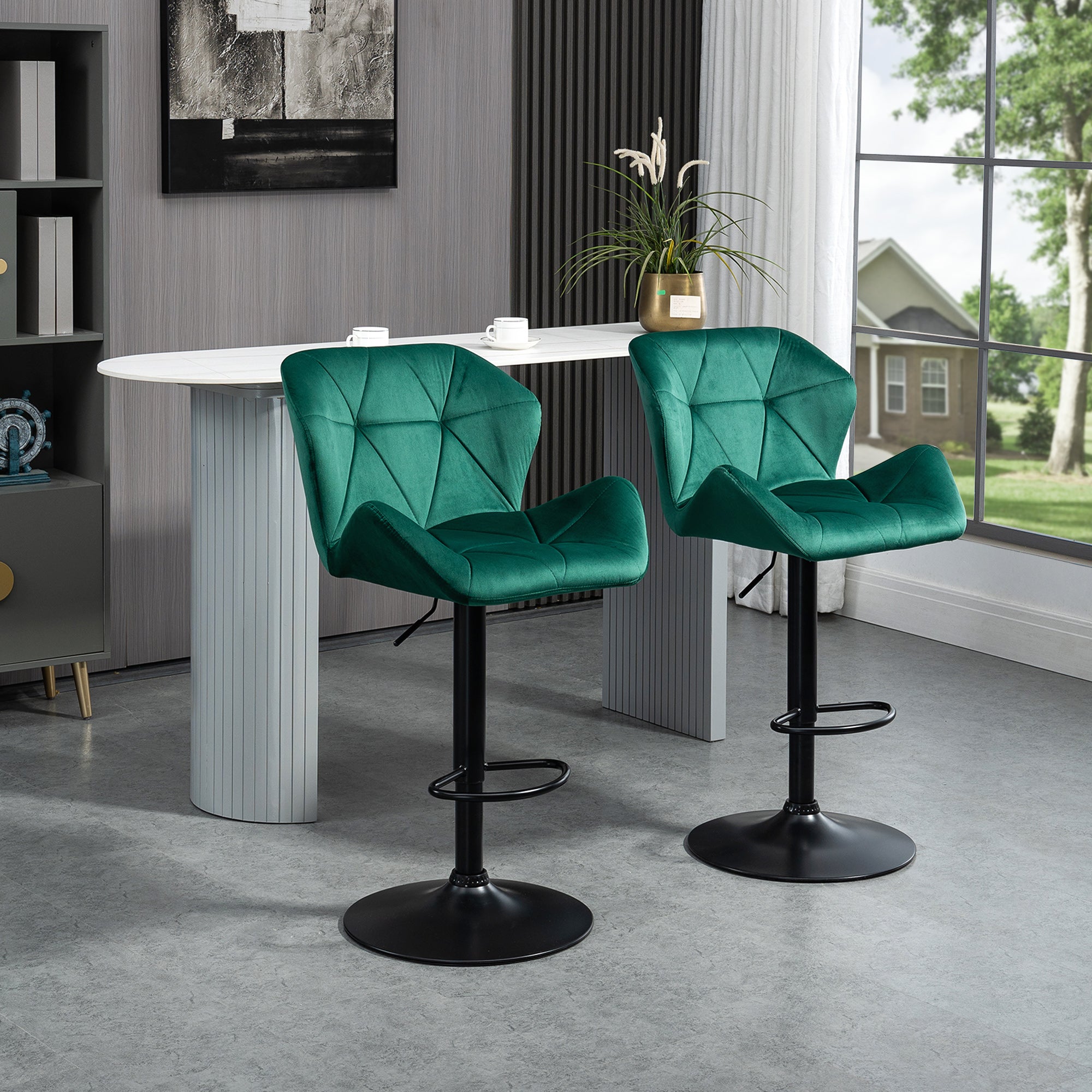 Bar Stools Set Of 2, Adjustable Height with Metal Frame Footrest, Velvet-Touch Green