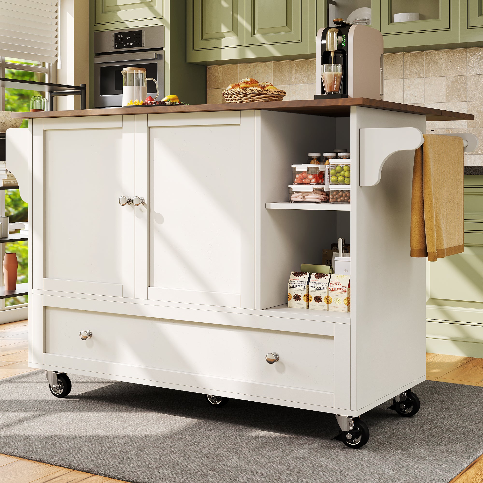 Kitchen Trolley, Removable Dining with Open Storage & Towel Rail, White Wood Grain