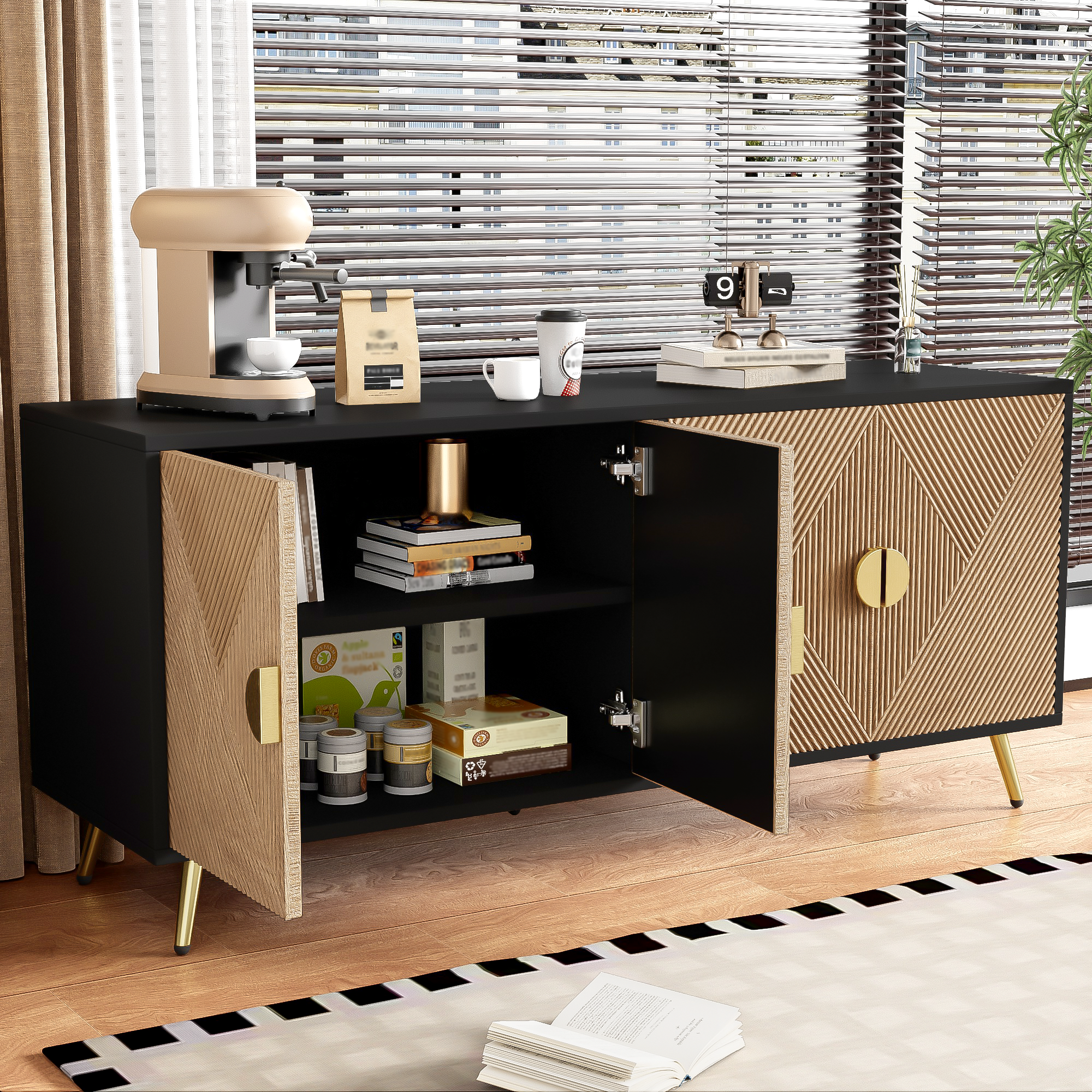 Sideboard, 160 cm, Four Doors, Golden Brushed Handles, High-Gloss Table Legs