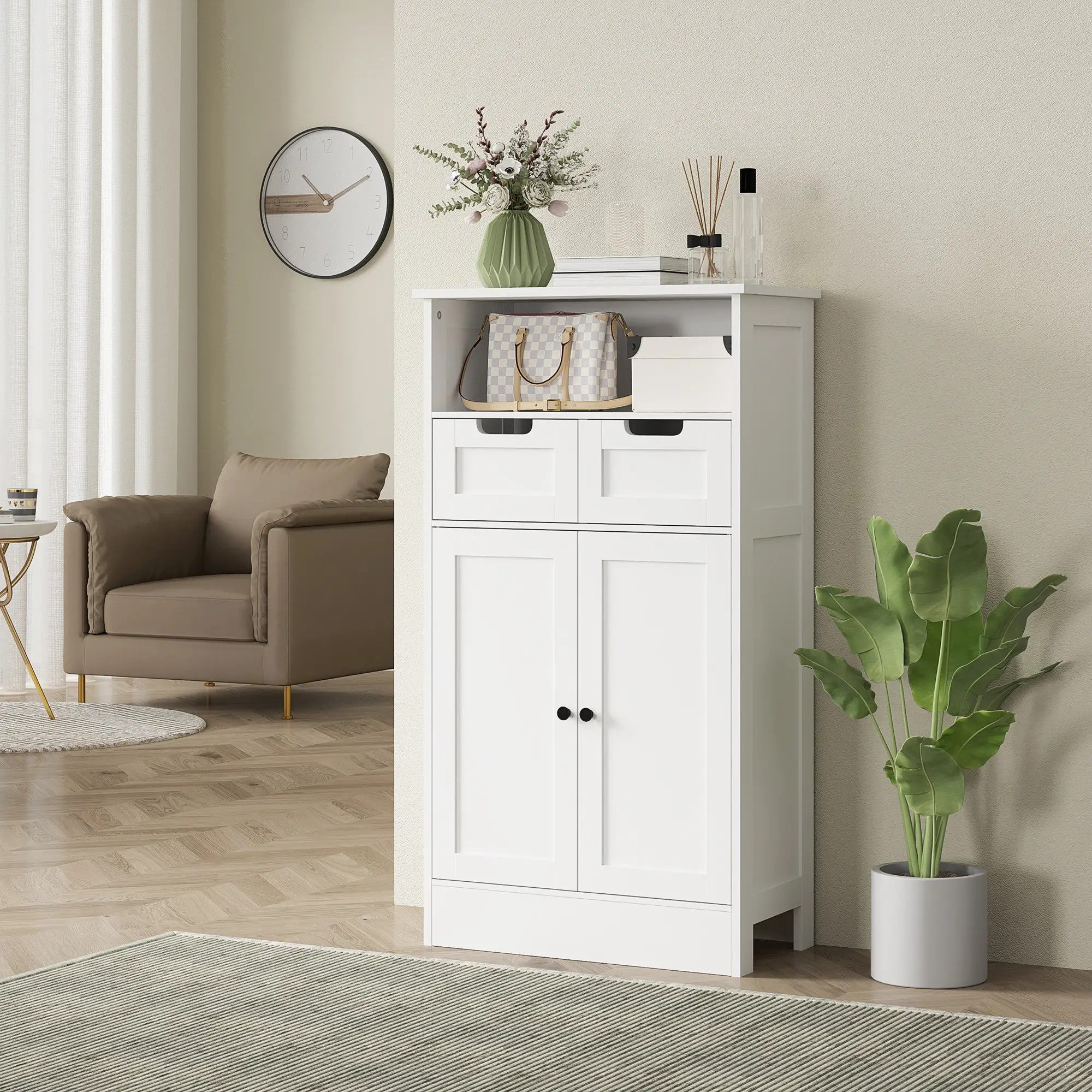 Bathroom Cabinet Storage Adjustable Shelf 2 Drawers Door 60x30x108.8cm White