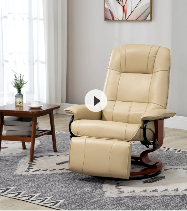 Recliner Chair with Reclining, Footrest, Swivel, Faux Leather Cream White