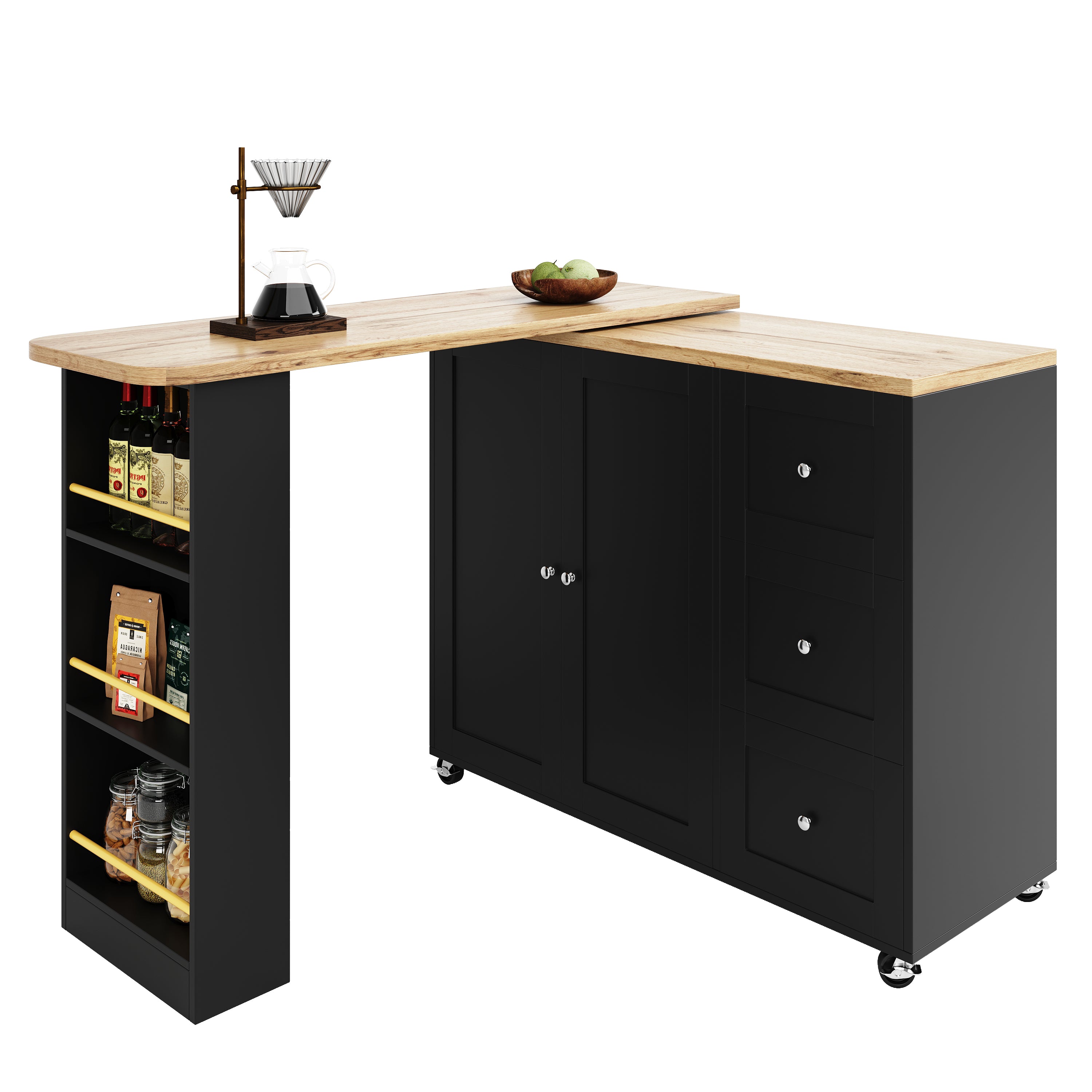 360° Rotating Bar Table Extendable On Casters Storage Island 3 Drawers Black