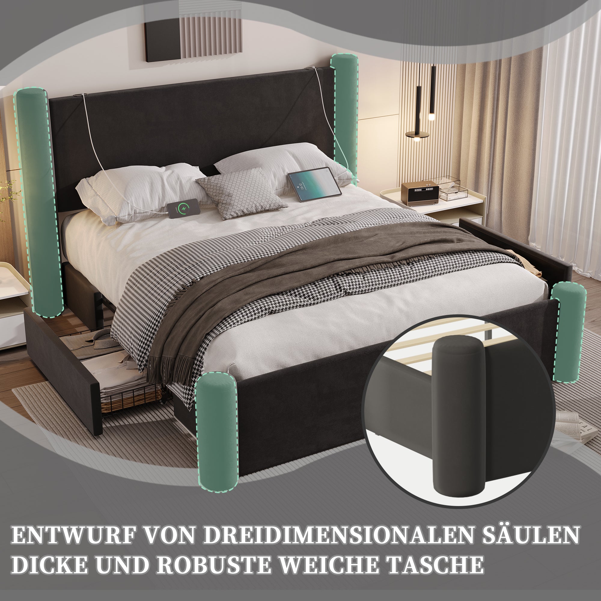 Bed Frame, 160x200cm, 3D Column, Padded Headboard, 2 Storage Drawers, USB, Black