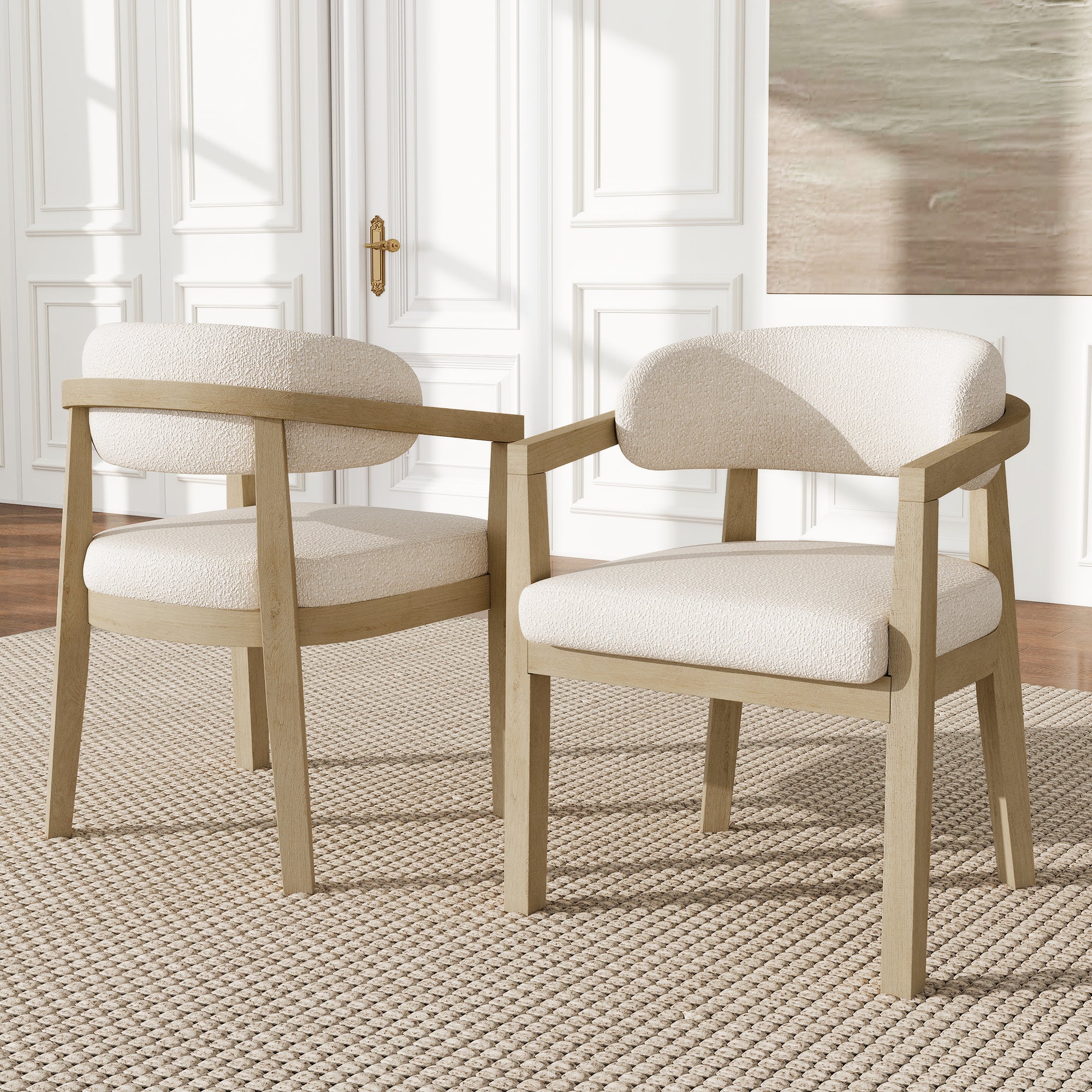 Solid Wood Dining Chairs Set of 4, Modern Comfortable Bouclé Seat, Natural Wood Finish