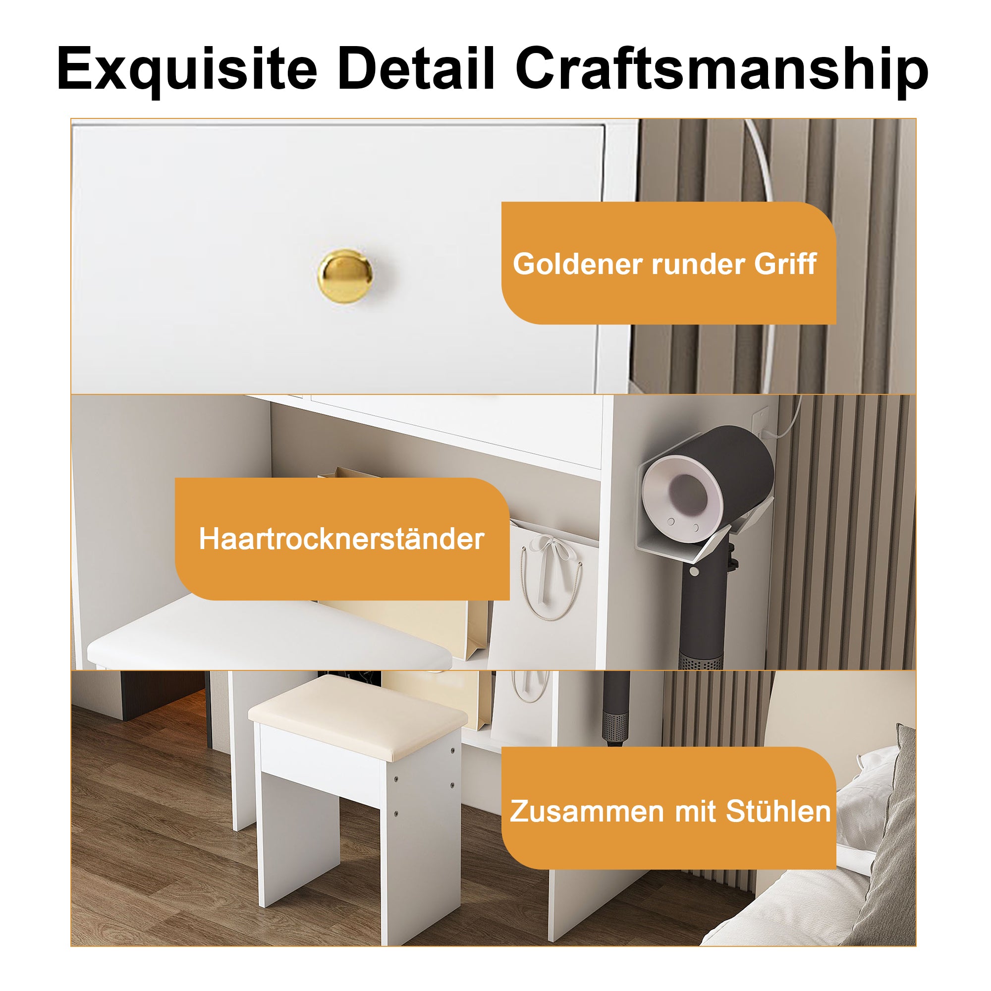 Bedroom Dressing Table, XXL Mirror, Stool, Socket, 4 Drawers, LED Light - White