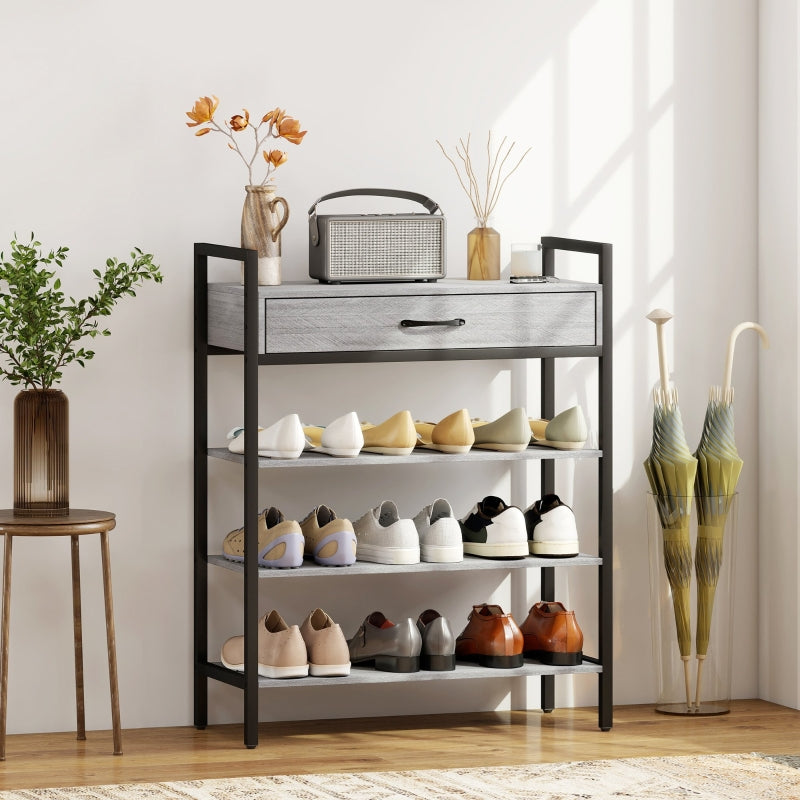 Shoe Rack 4-Tier, 9 Pairs, Chipboard Metal, Grey