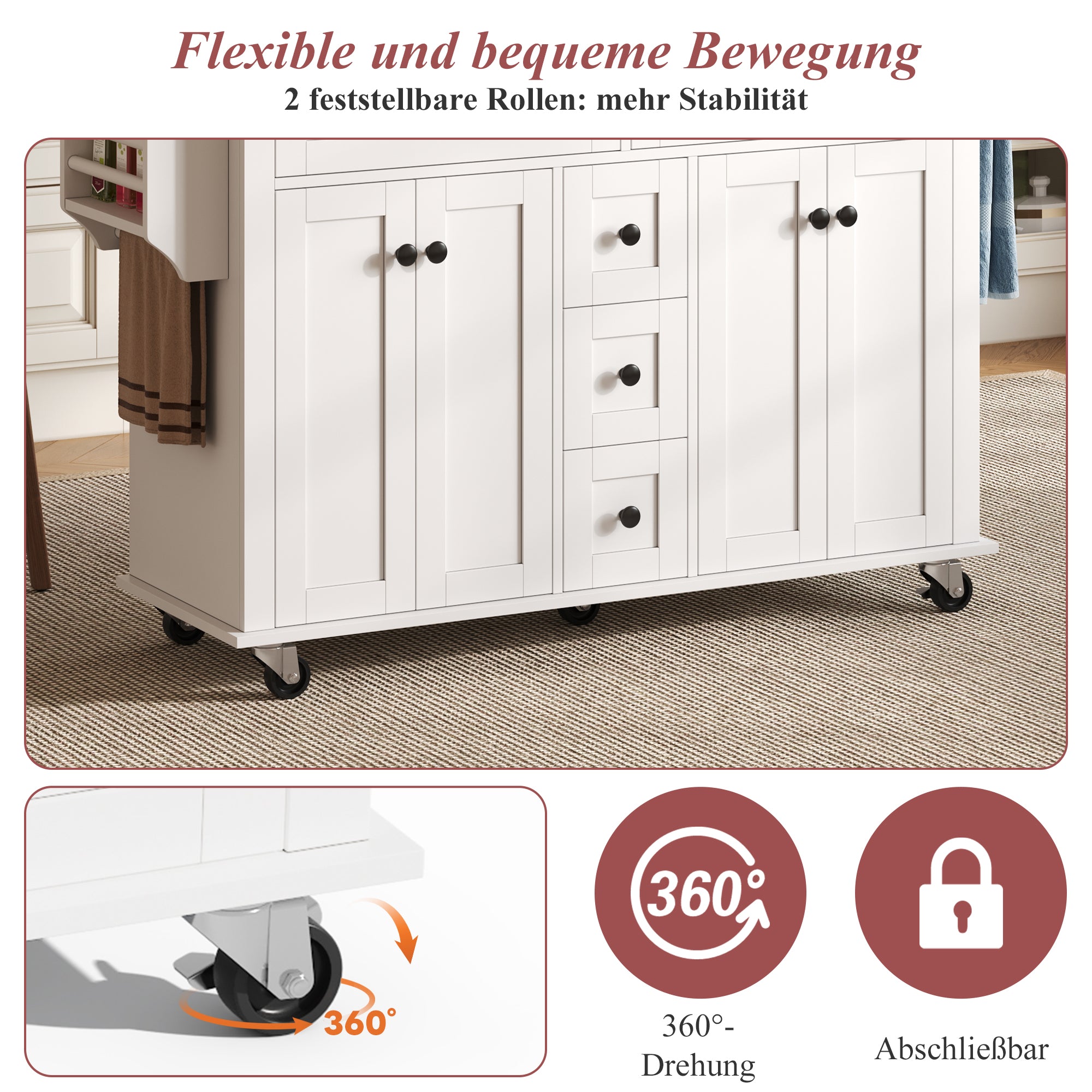 Multifunctional Kitchen Island Extendable Worktop 5 Drawers Storage Racks on Wheels