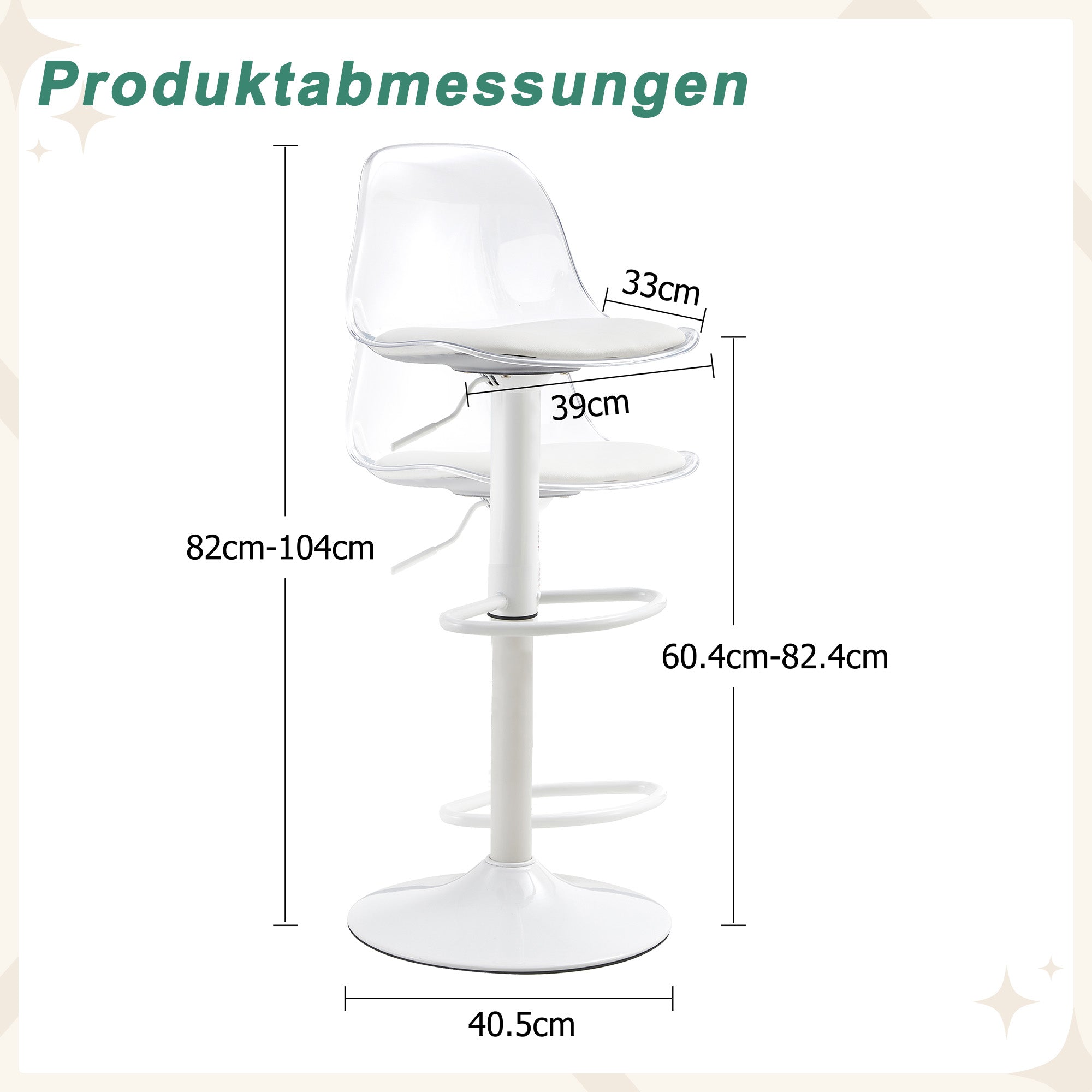 2-Pack Adjustable Beam Chair, Height Adjustable 82-104 cm, 360° Swivel, Transparent/White Metal