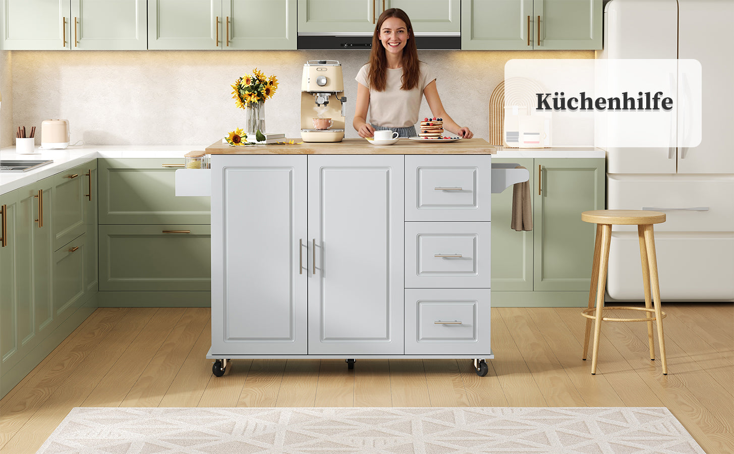 Mobile Kitchen Table with Foldable Design and 3 Drawers, Oak Worktop