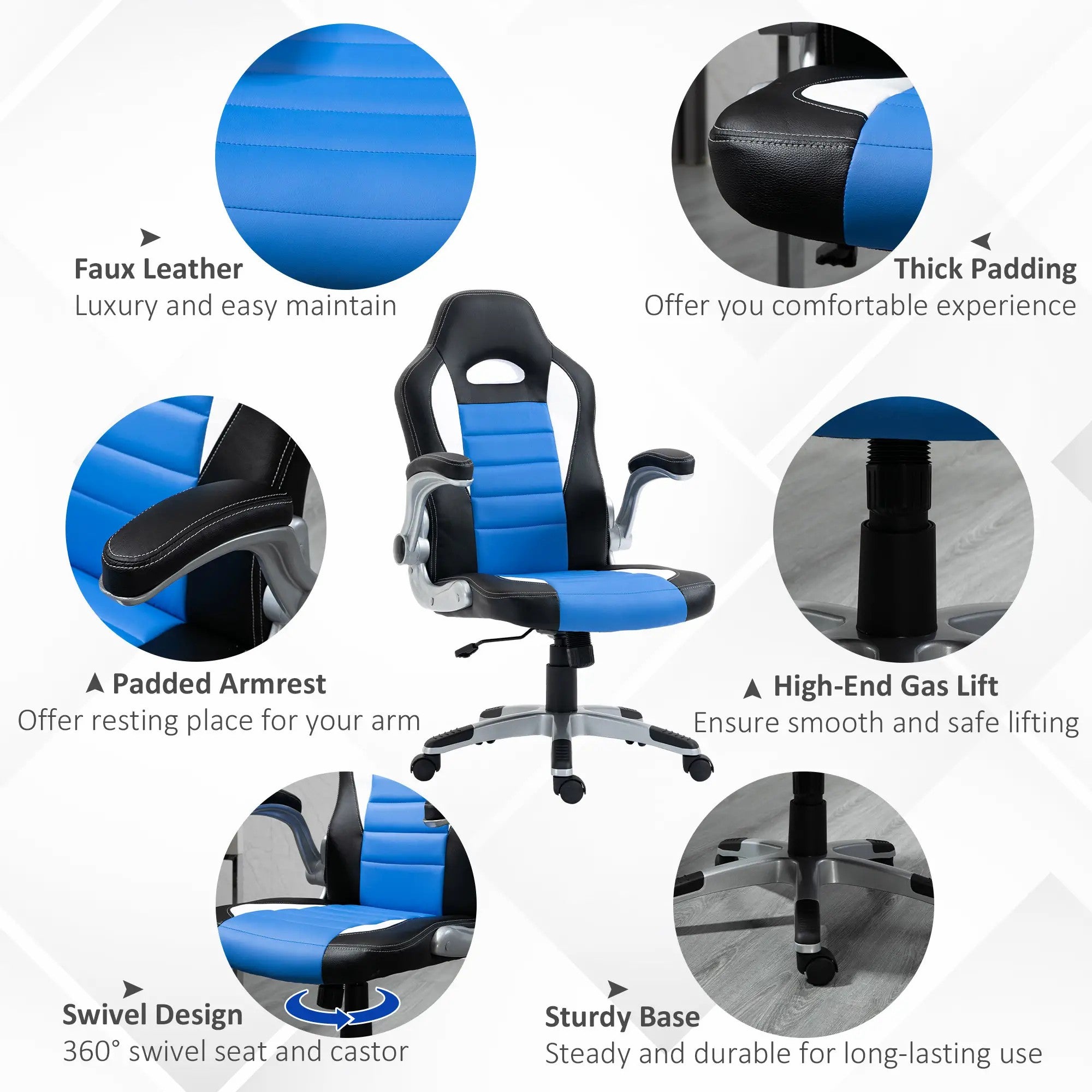 Computer Gaming Chair Swivel with Flip-up Armrest, Adjustable Height, PU Leather Blue