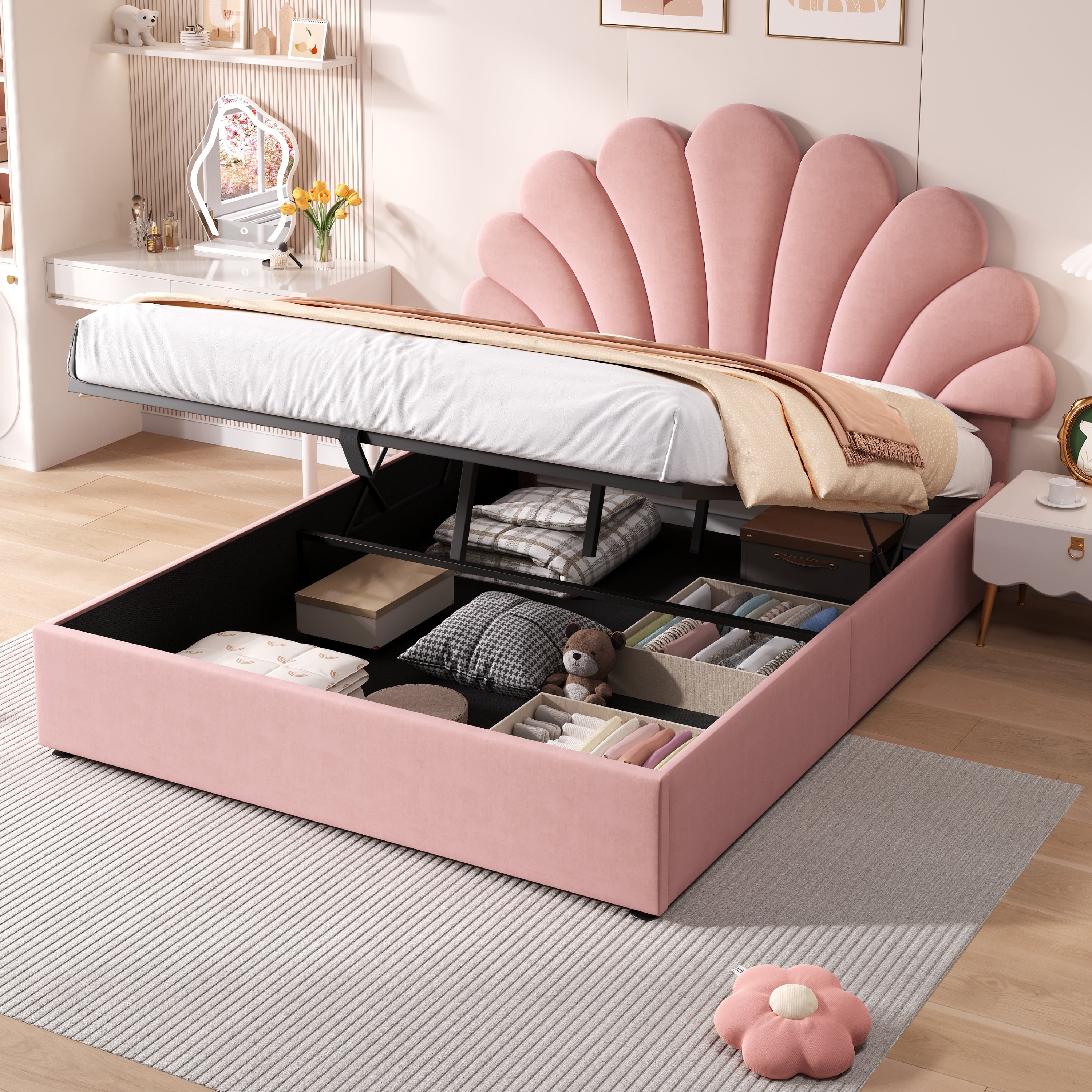 4ft6 Double Upholstered Hydraulic Bed with Adjustable Petal Headboard, Solid Wood Slat, Pink Velvet