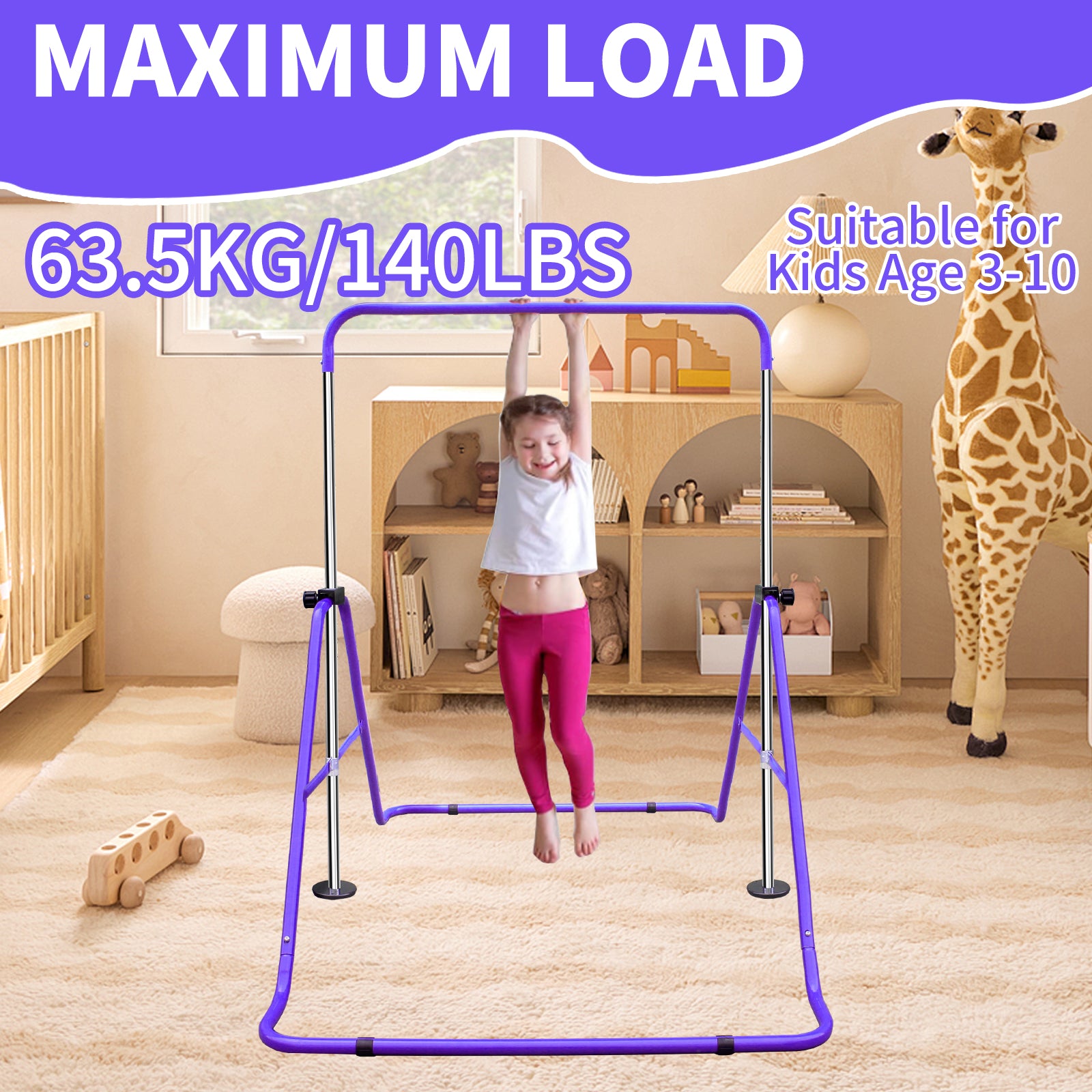 Expandable Gymnastics Bar, Height Adjustable Folding Junior Training, Purple