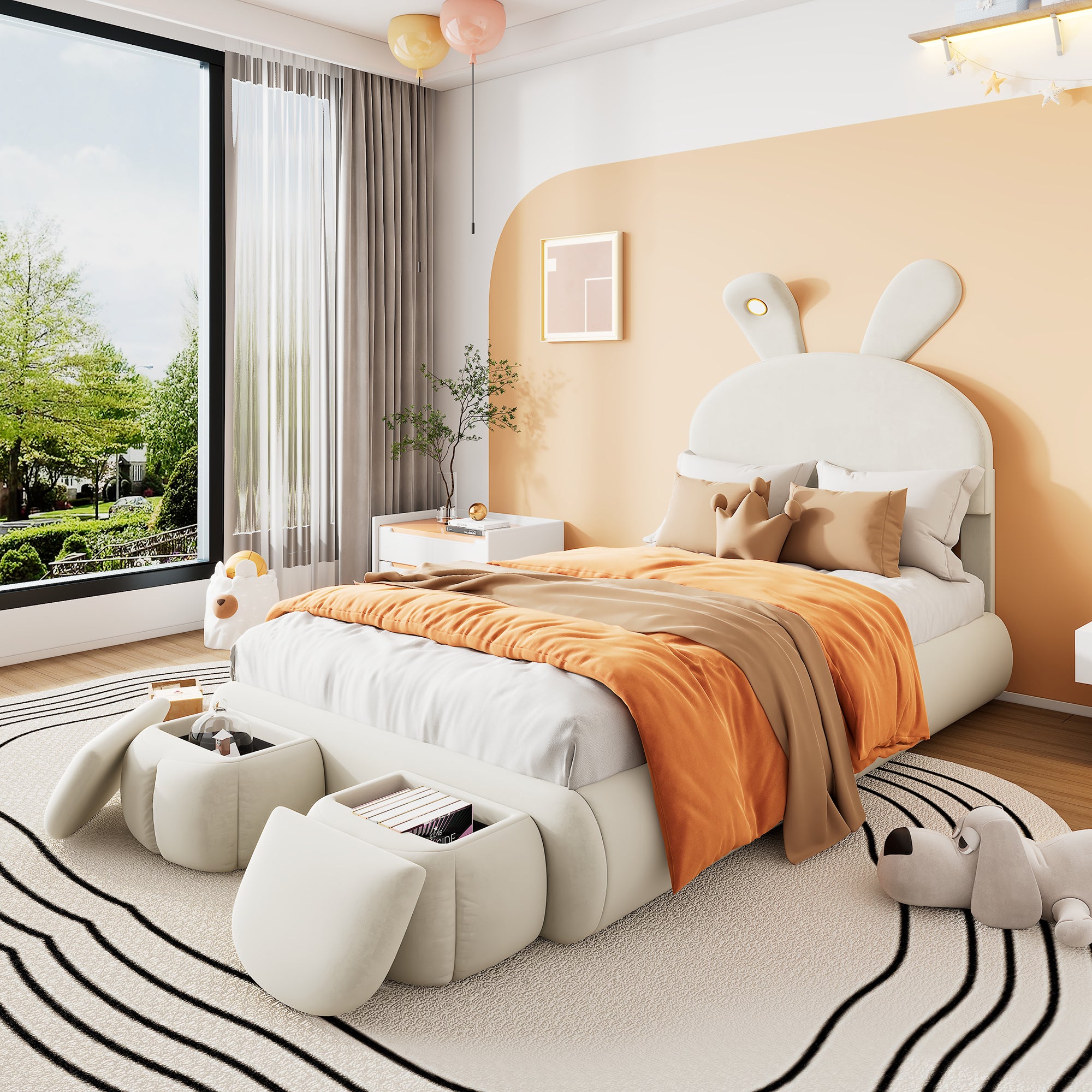 Upholstered Single Bed, Bunny Ears LED Light Storage Stools, Velvet Beige, 90x200cm