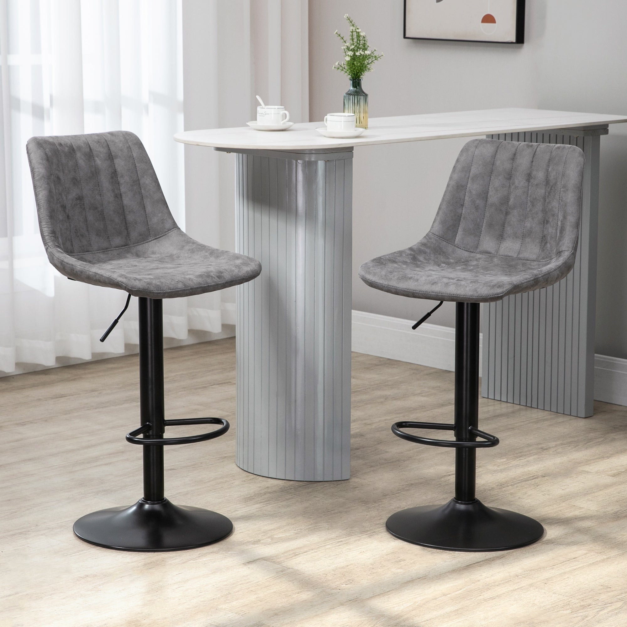 Modern Bar Stools Set of 2, Height Adjustable Swivel with Backrest, Gas Lift, Footrest, Microfibre, Grey