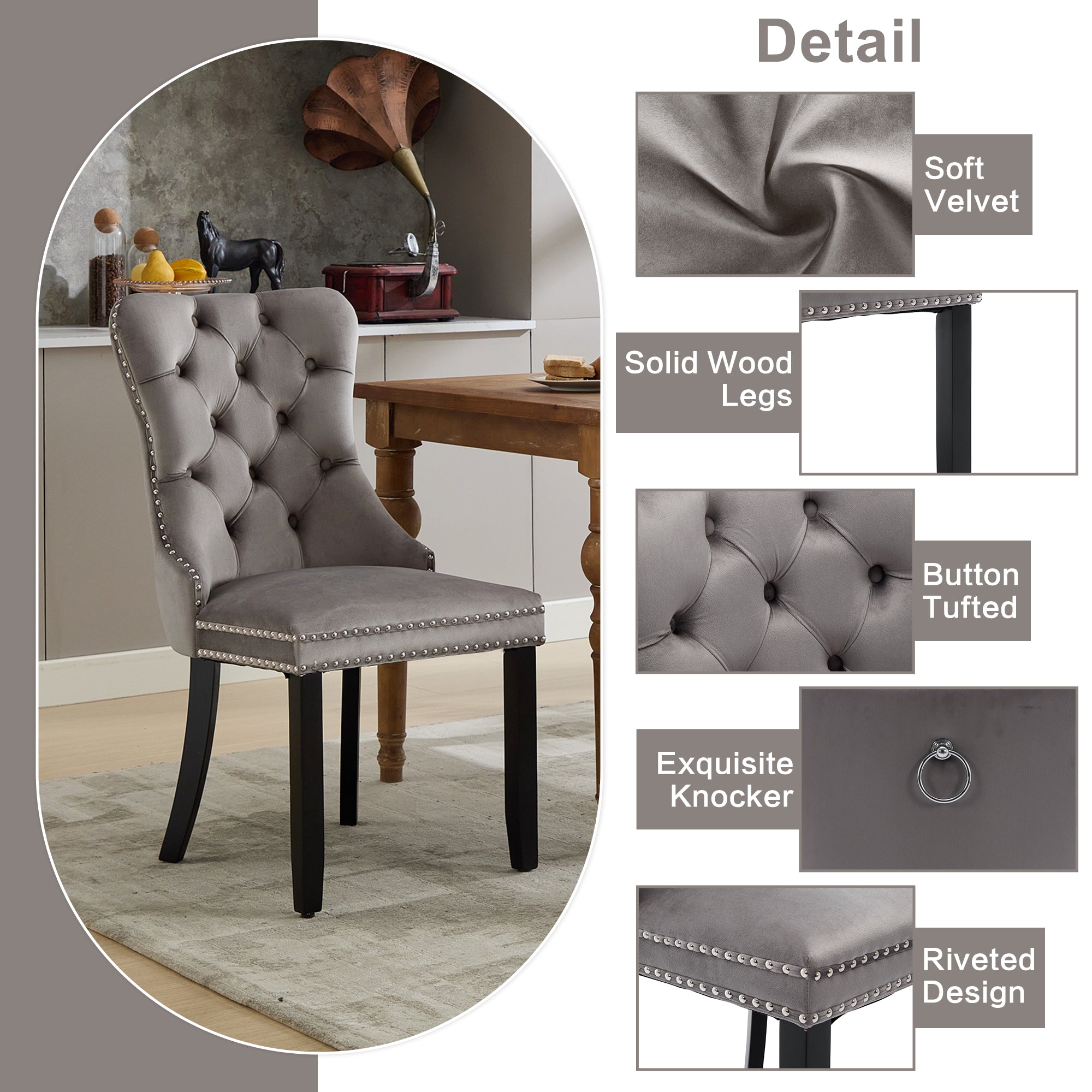 Set of 2 Modern Upholstered Velvet Dining Chairs, Button Tufted with Solid Wood Legs, Riveted Trim and Knocker Ring, Grey