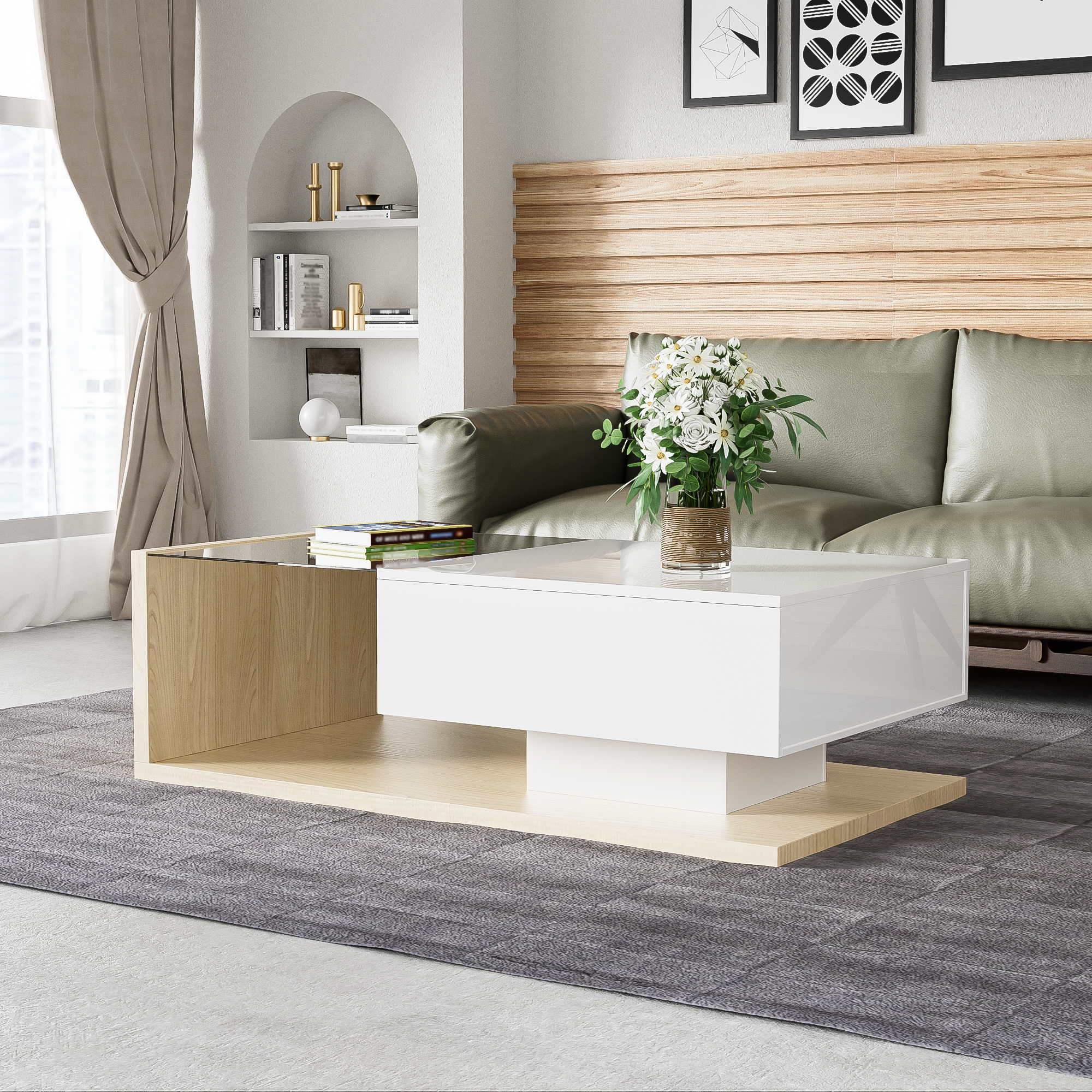 Coffee Table, High-Gloss White & Wood with Glass and LED Effect