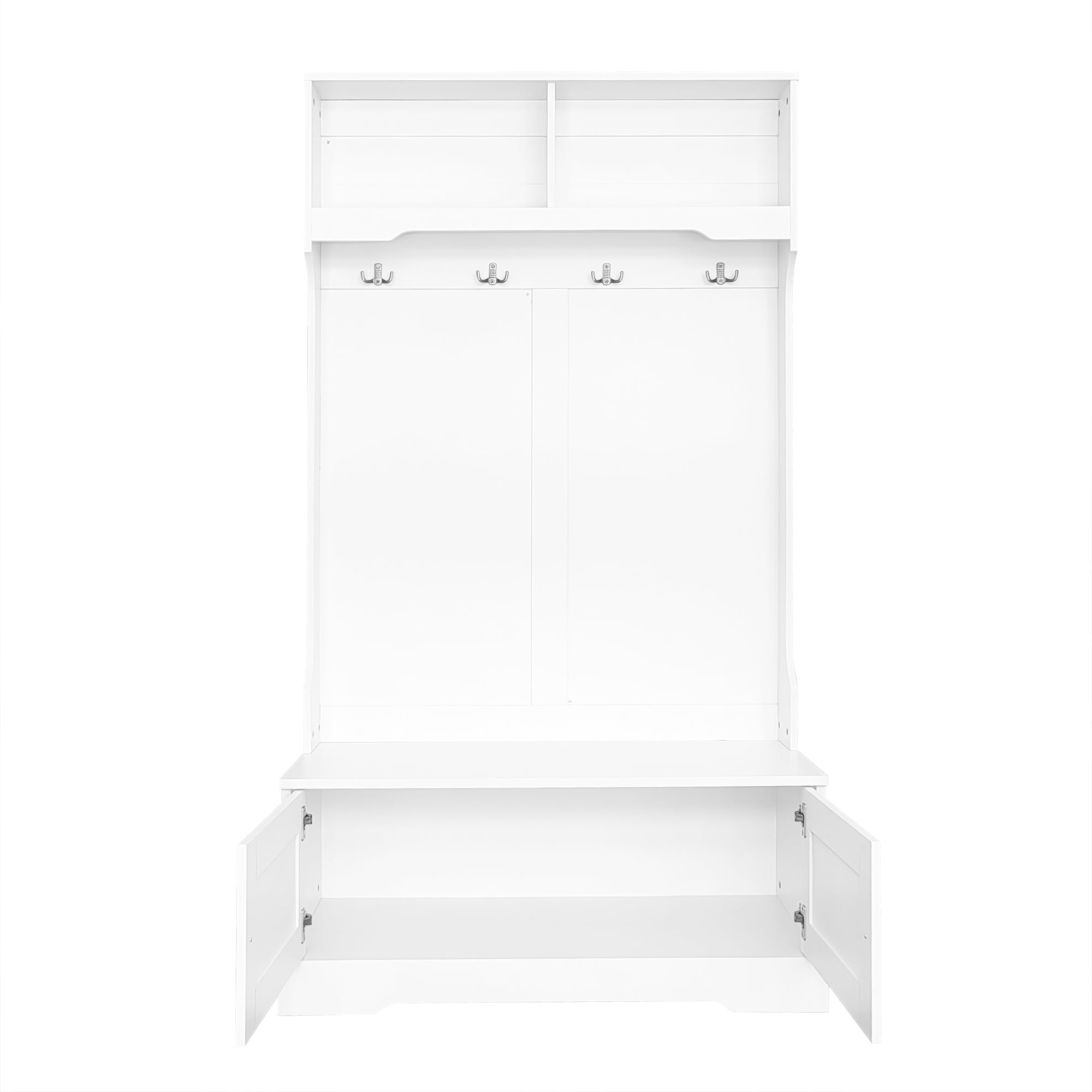 Entrance Cabinet, Storage Seat with Hooks & Open Compartments, White
