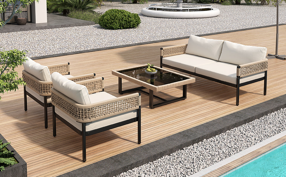 Garden Lounge Set 4-Piece Rope Set Galvanized Frame Glass Top with Cushions - Beige