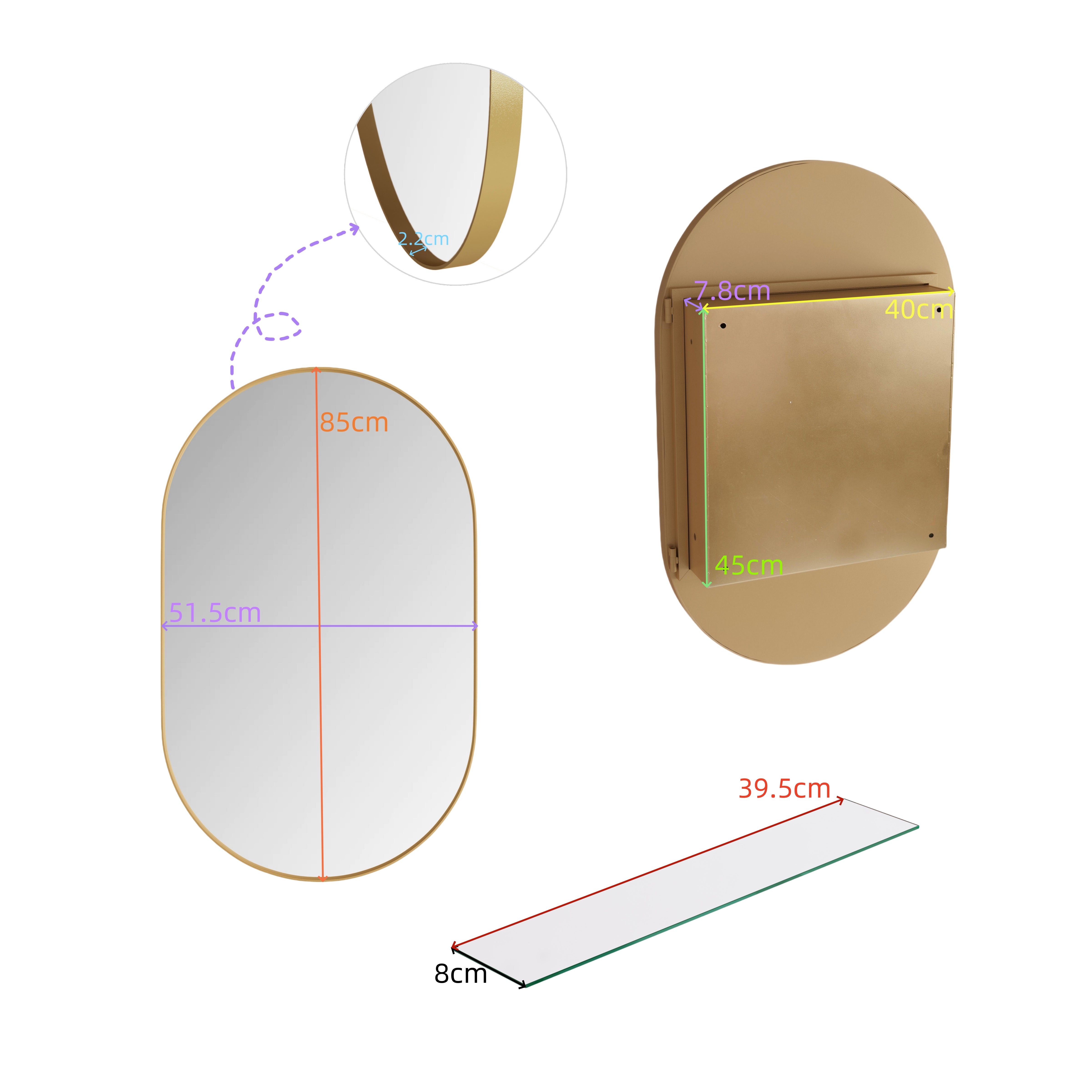 Oval Mirror Cabinet, Recessed Medicine Wall Storage Adjustable Shelves, Gold Metal Framed