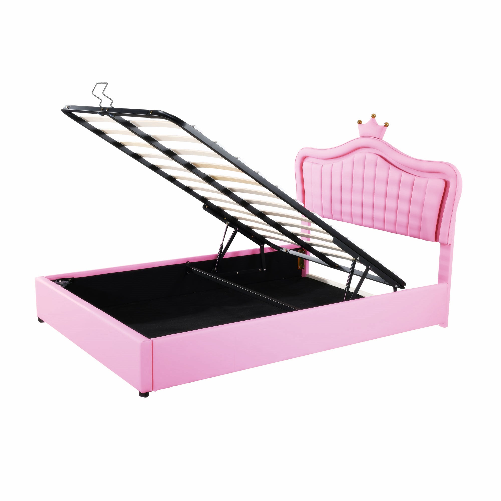 Children's Bed, 140x200cm Hydraulic Storage, LED, Pink PU Leather