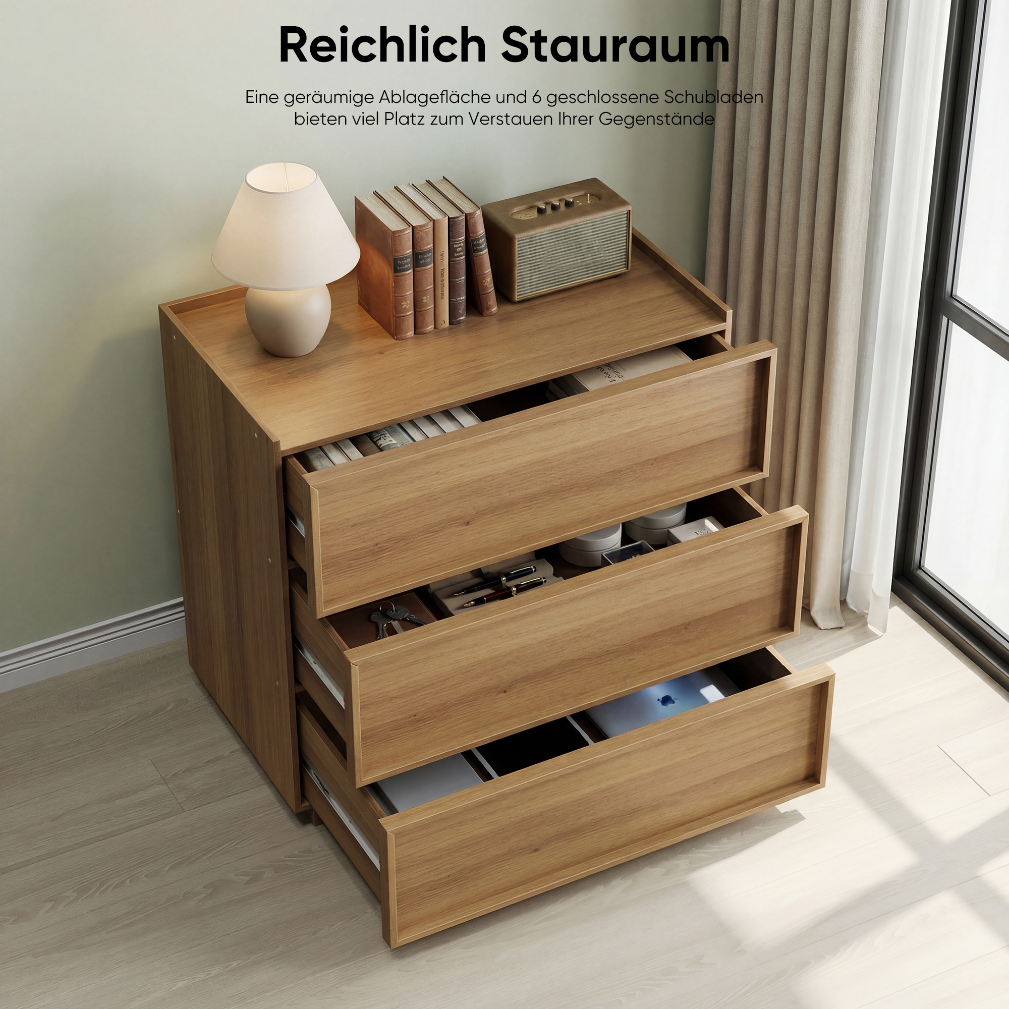 Chest of Drawers with 3 Storage Drawers and Metal Rails, Oak Wood Look