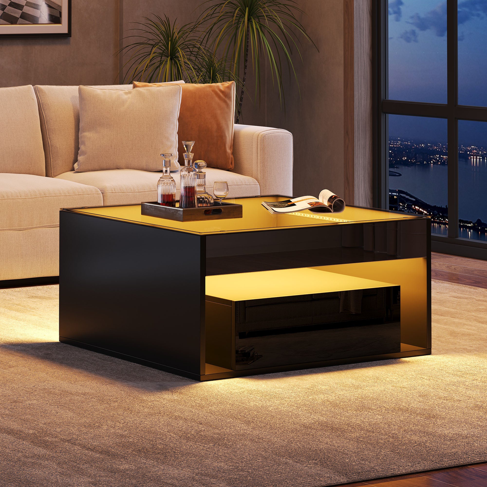 Coffee Table with 2 Drawers and LED Tempered Glass Top, High Gloss Black