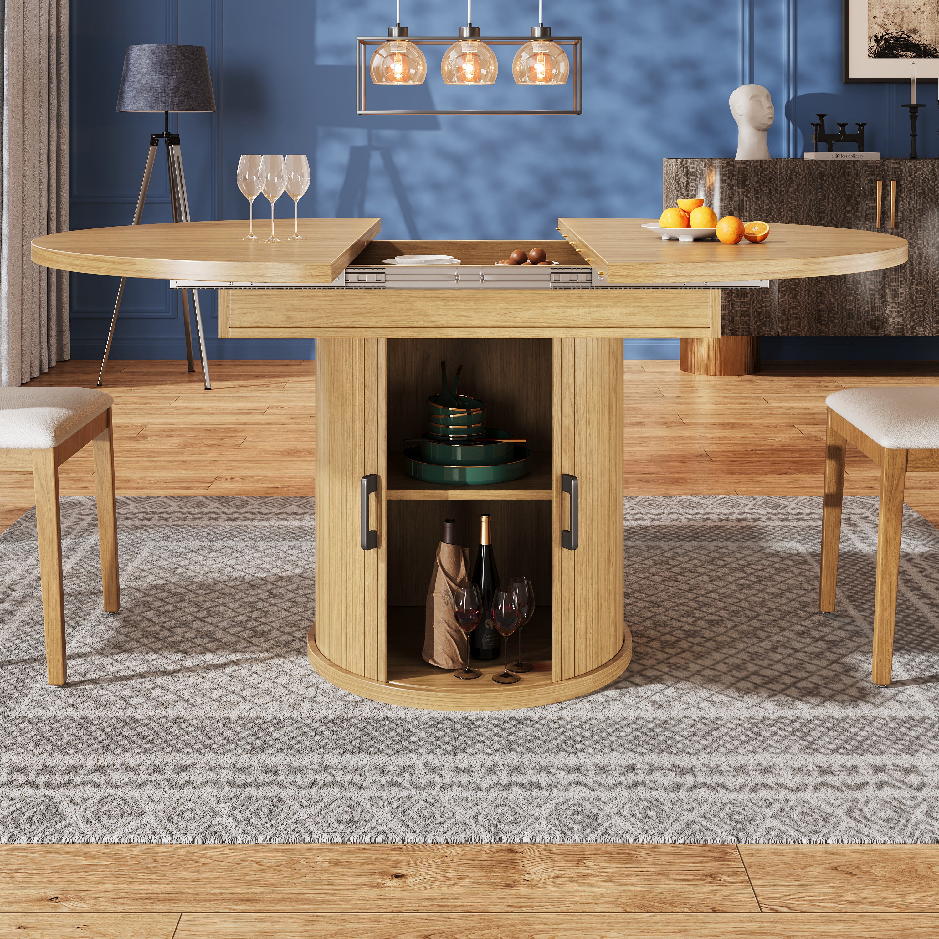 Extendable Round Dining Table, Oval Extension for 6 People, Wood Color