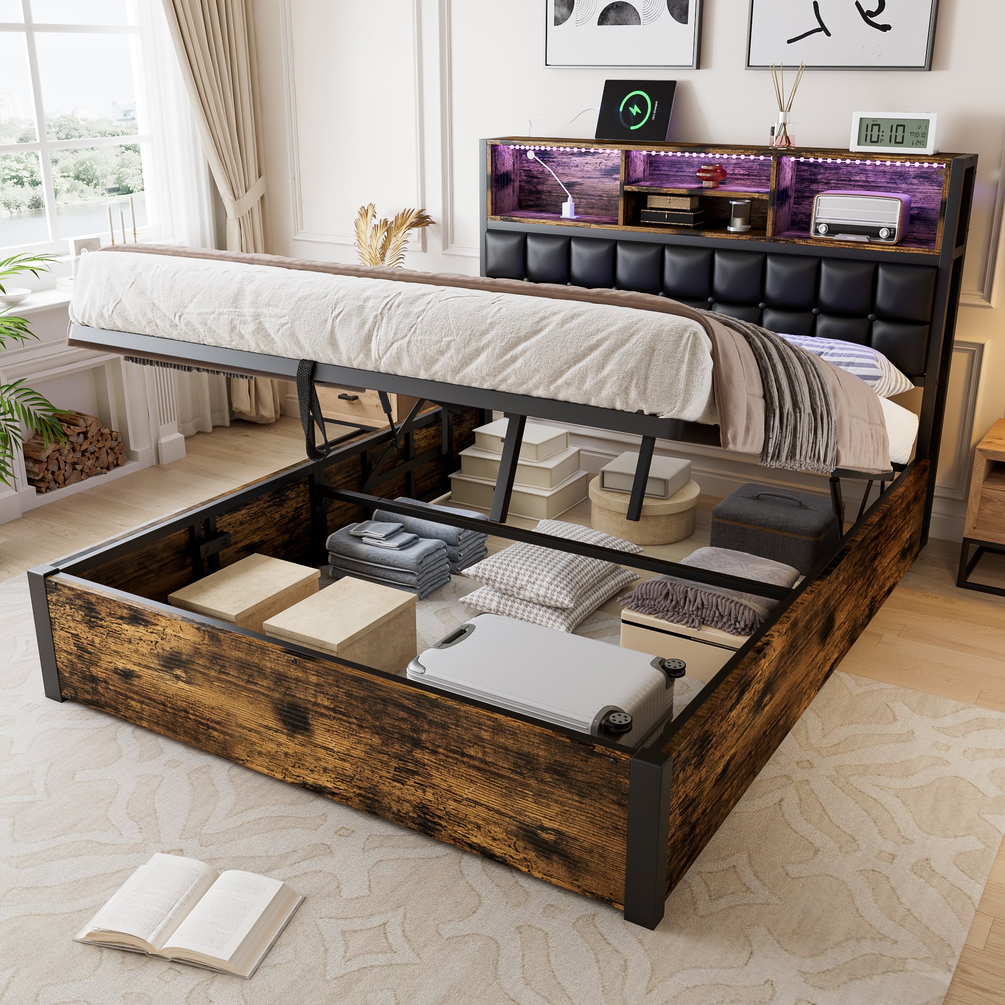 Hydraulic Bed with Charging Port, LED Light & Storage, 4ft6 Double, Black + Wood