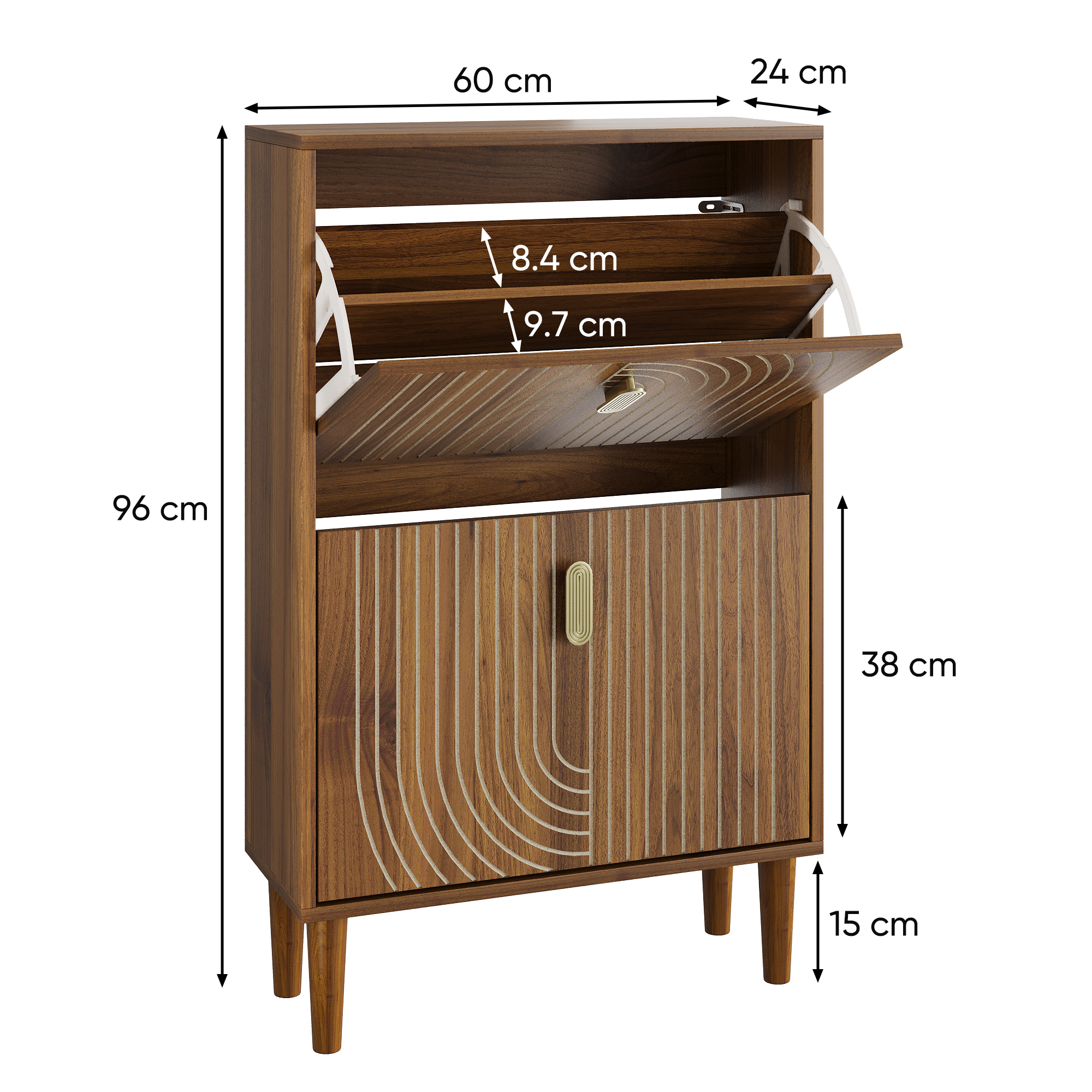 Shoe Cabinet 60cm Wide 2 Fold-Down Drawers Freestanding