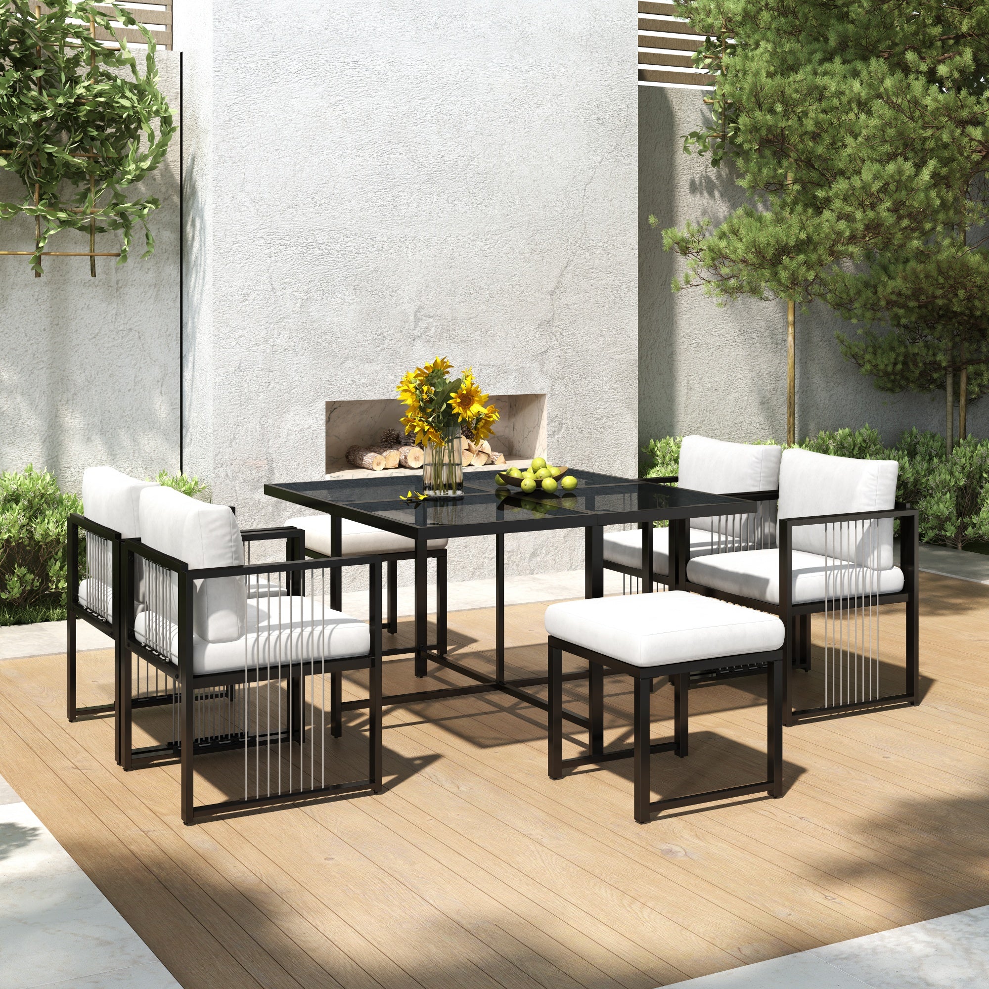 Outdoor Dining Set 7-Piece 6-Person Tempered Glass Table