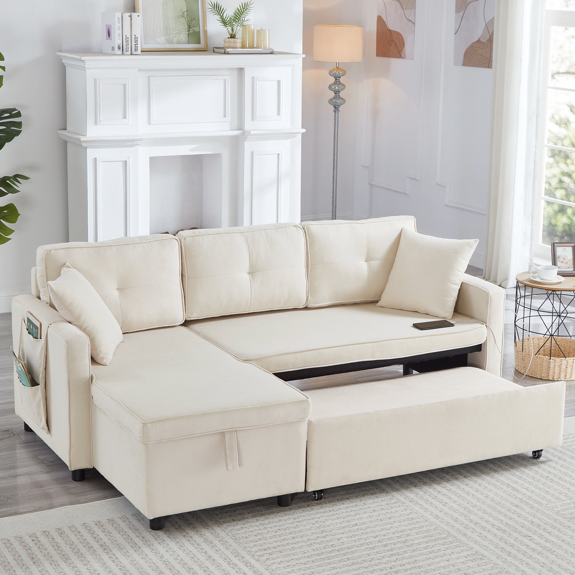 L-Shaped Pull Out Sleep Sofabed, Modern Reversible Sleeper Sectional Sofa with Storage Chaise, Drop-Down Table, Cup Holders and Charging Ports (USB & Type-C), Beige