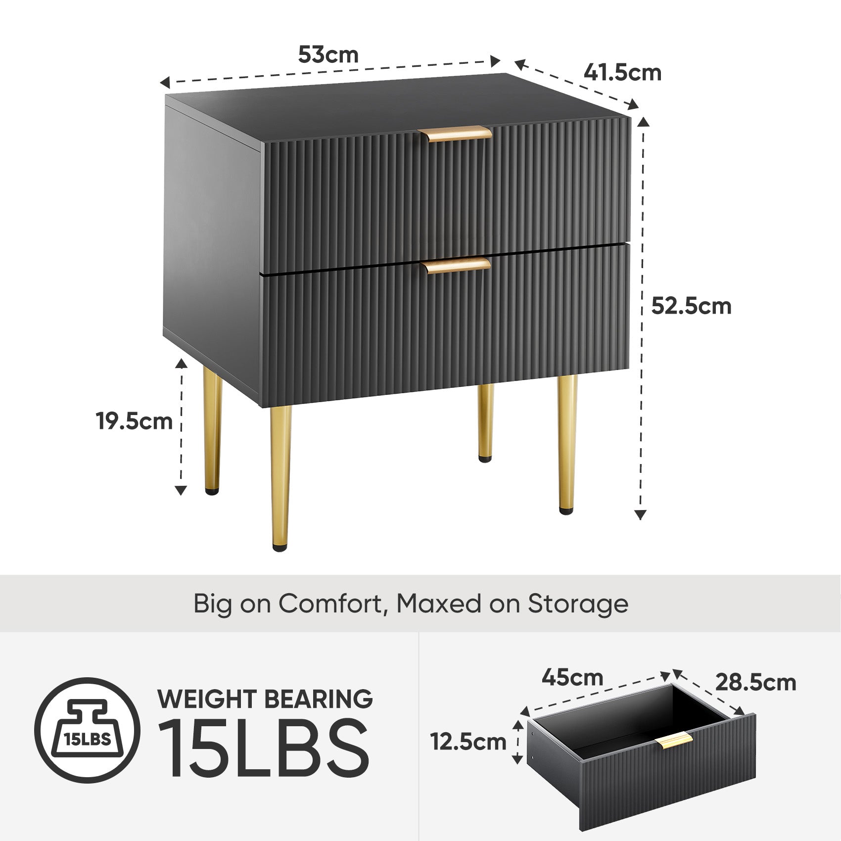 Bedside Table, 2 Drawers, Metal Legs, Black